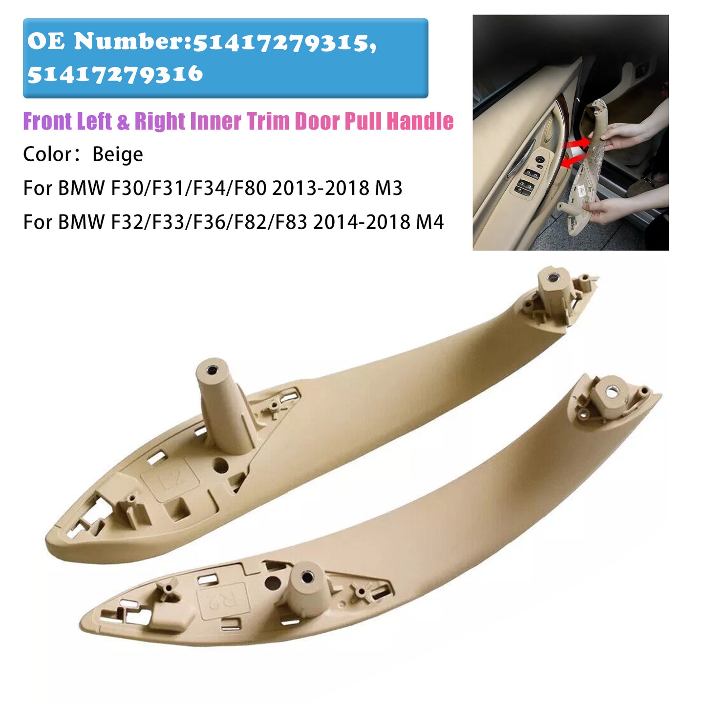 2014-2018 BMW F32 F33 F36 F82 F83 M4 51417279315 Front Left & Right Inner Trim Door Pull Handle