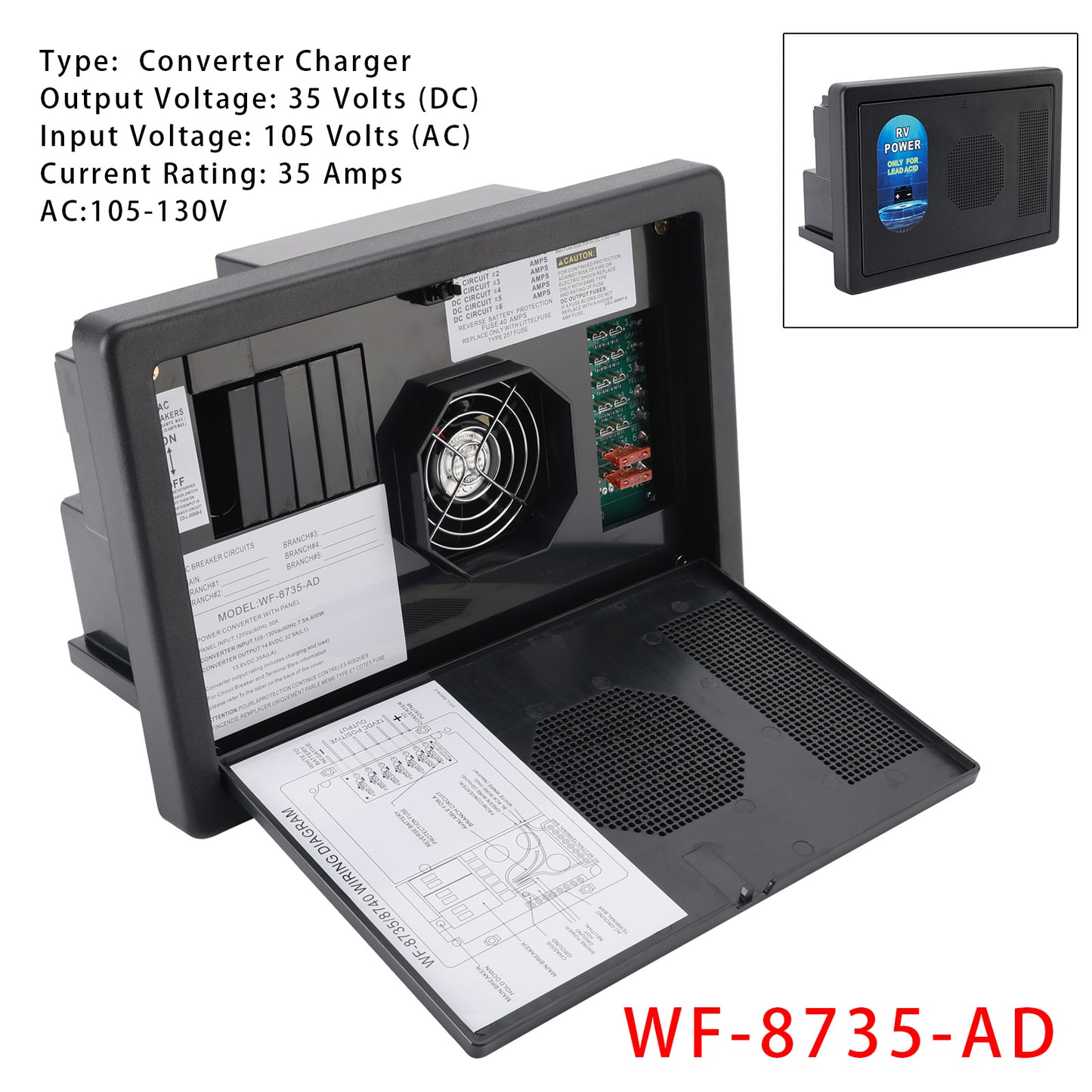 RV Camper And Various Recreational Vehicles WF-8735-AD RV Converter Charger 30 Amp Power Center Support Auto Detect 35 Amp DC Output wf-8735 Battery Charger
