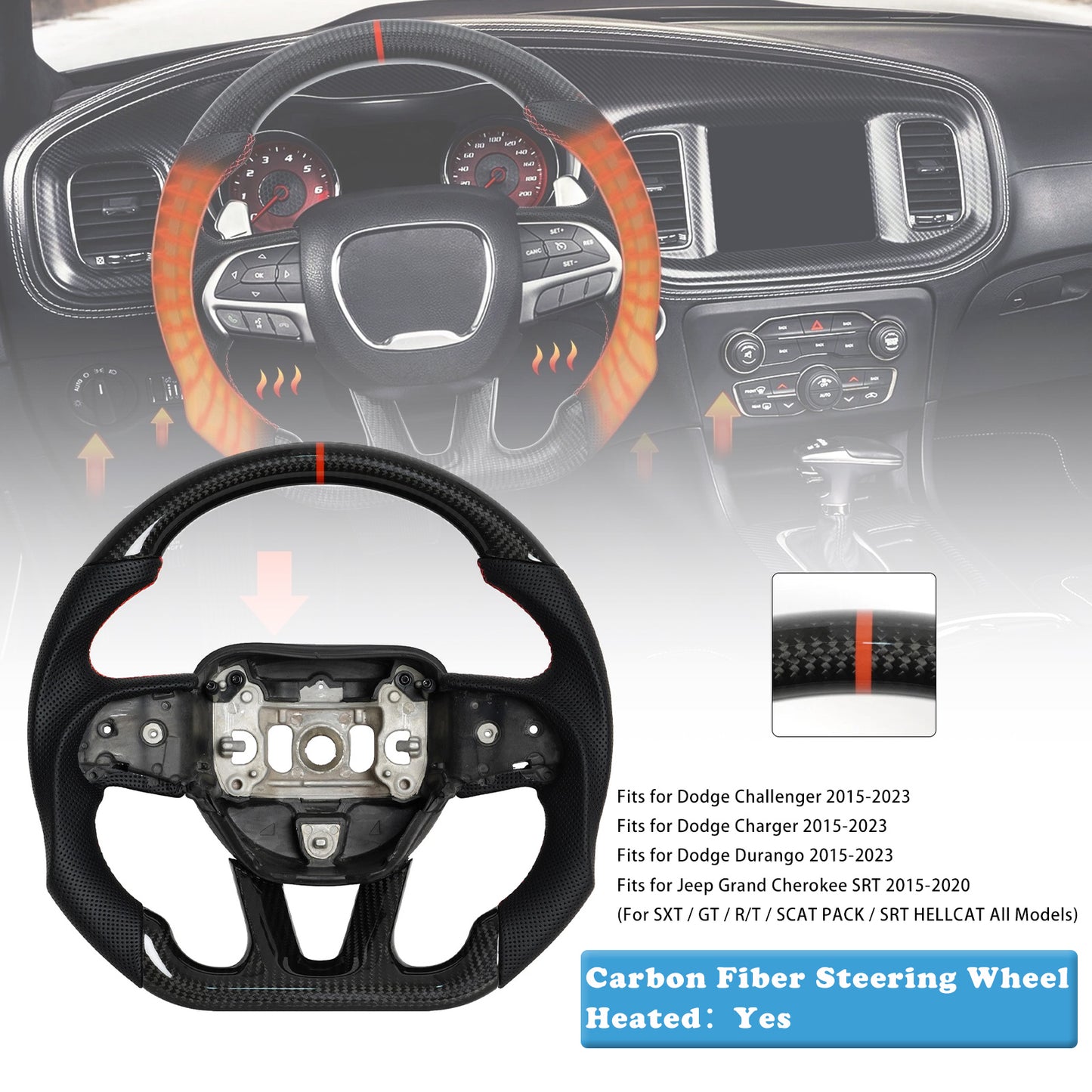 2015-2020 Jeep Grand Cherokee SRT Carbon Fiber Heated Steering Wheel Fit Dodge