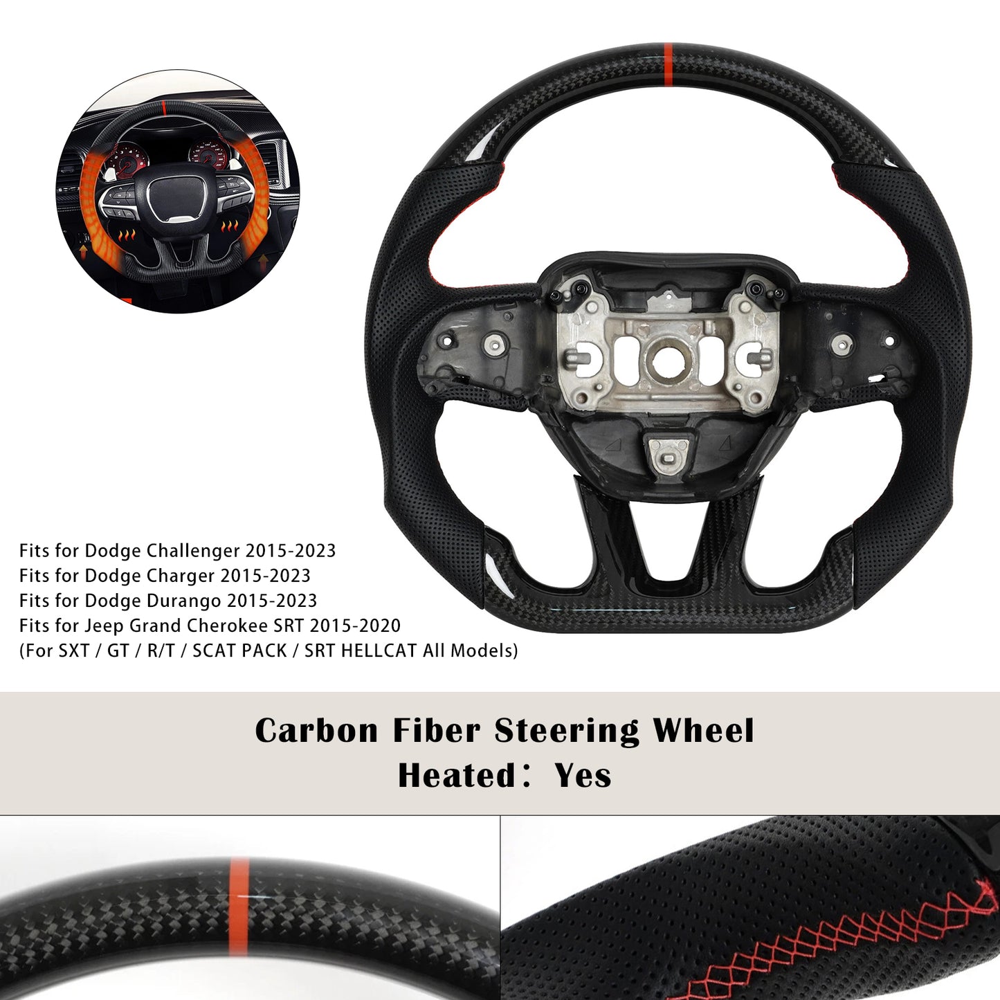 2015-2020 Jeep Grand Cherokee SRT Carbon Fiber Heated Steering Wheel Fit Dodge