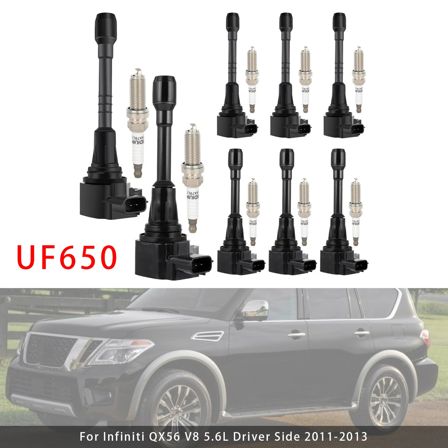 2014-2017 Infiniti QX80 V8 5.6L Driver Side UF650 UF677 8X Ignition Coil & Spark Plug Kit