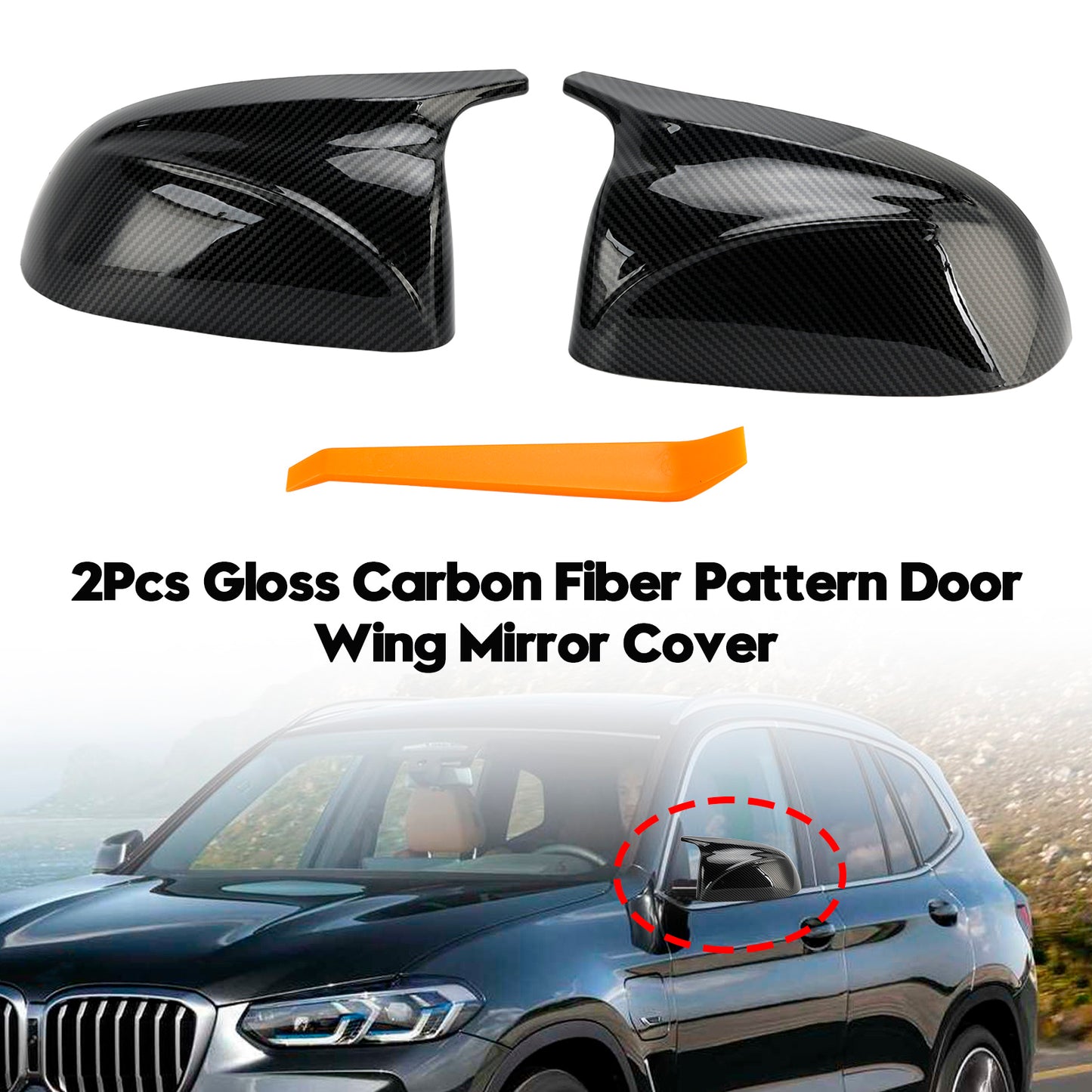 2Pcs Gloss Carbon Fiber Pattern Door Wing Mirror Cover 18-22 BMW x3/x4/ix3