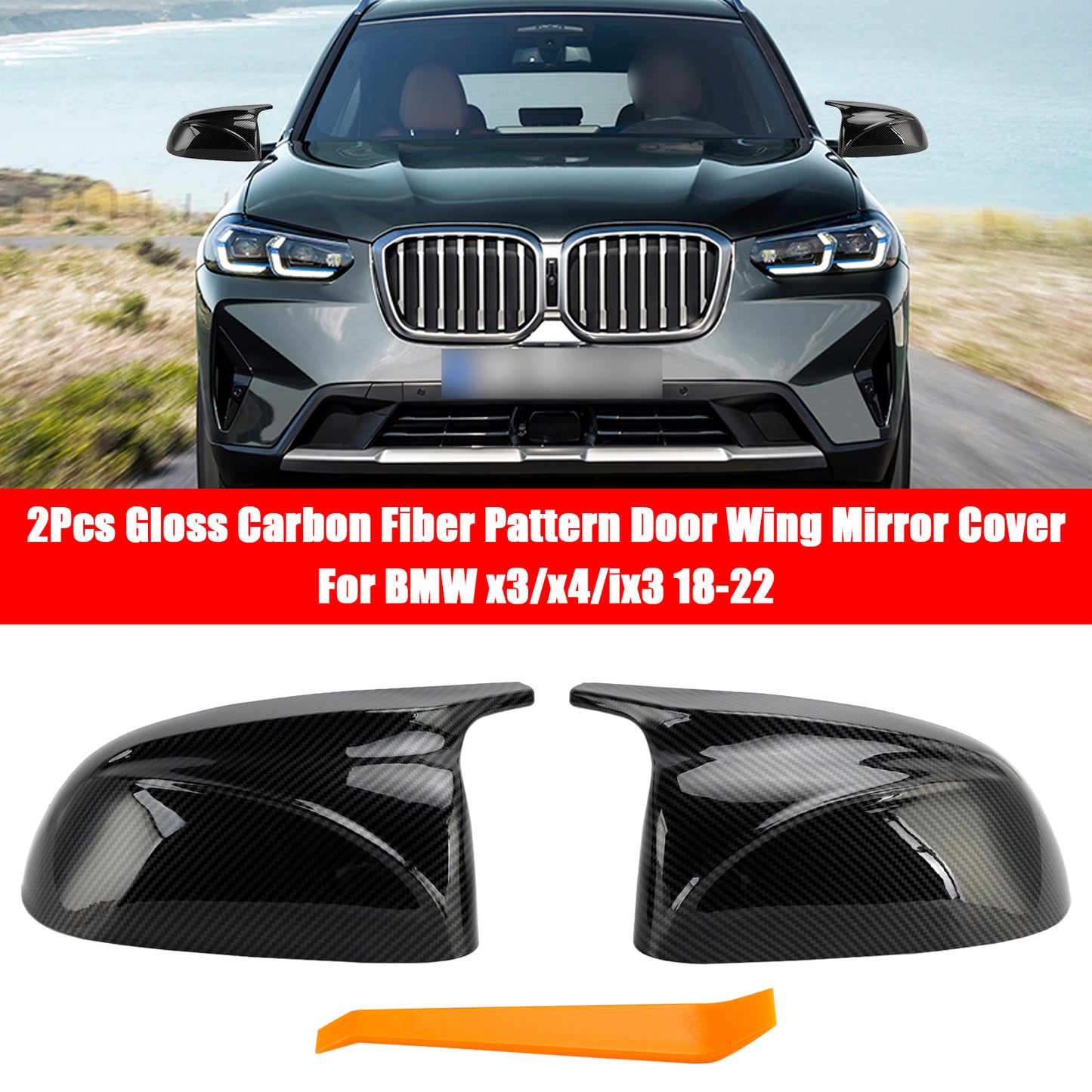 2Pcs Gloss Carbon Fiber Pattern Door Wing Mirror Cover 18-22 BMW x3/x4/ix3