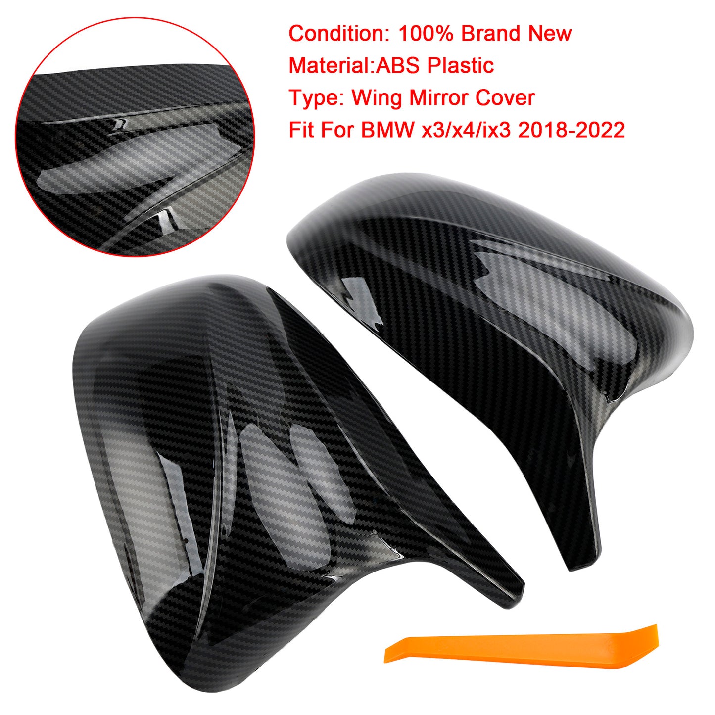 2Pcs Gloss Carbon Fiber Pattern Door Wing Mirror Cover 18-22 BMW x3/x4/ix3