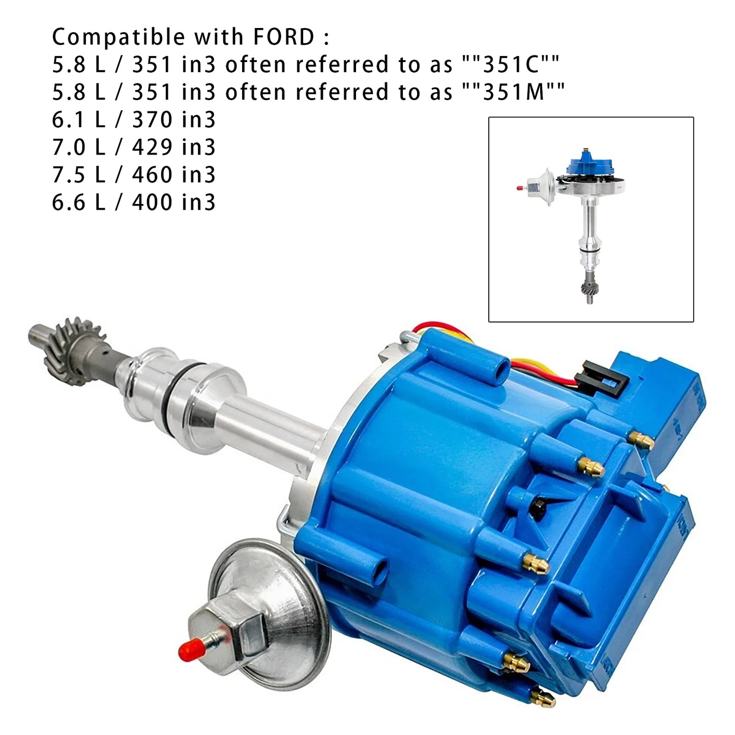 FORD 5.8 L / 351 in3 often referred to as 351C 1046013 Distributor 65,000 KV Coil 7500 RPM Module