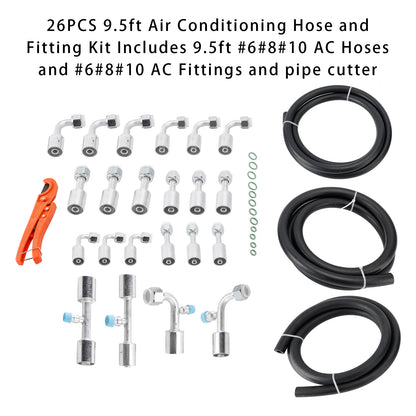26PCS 9.5ft Air Conditioning Hose and Fitting Kit Includes 9.5ft #6#8#10 AC Hoses and #6#8#10 AC Fittings and pipe cutter