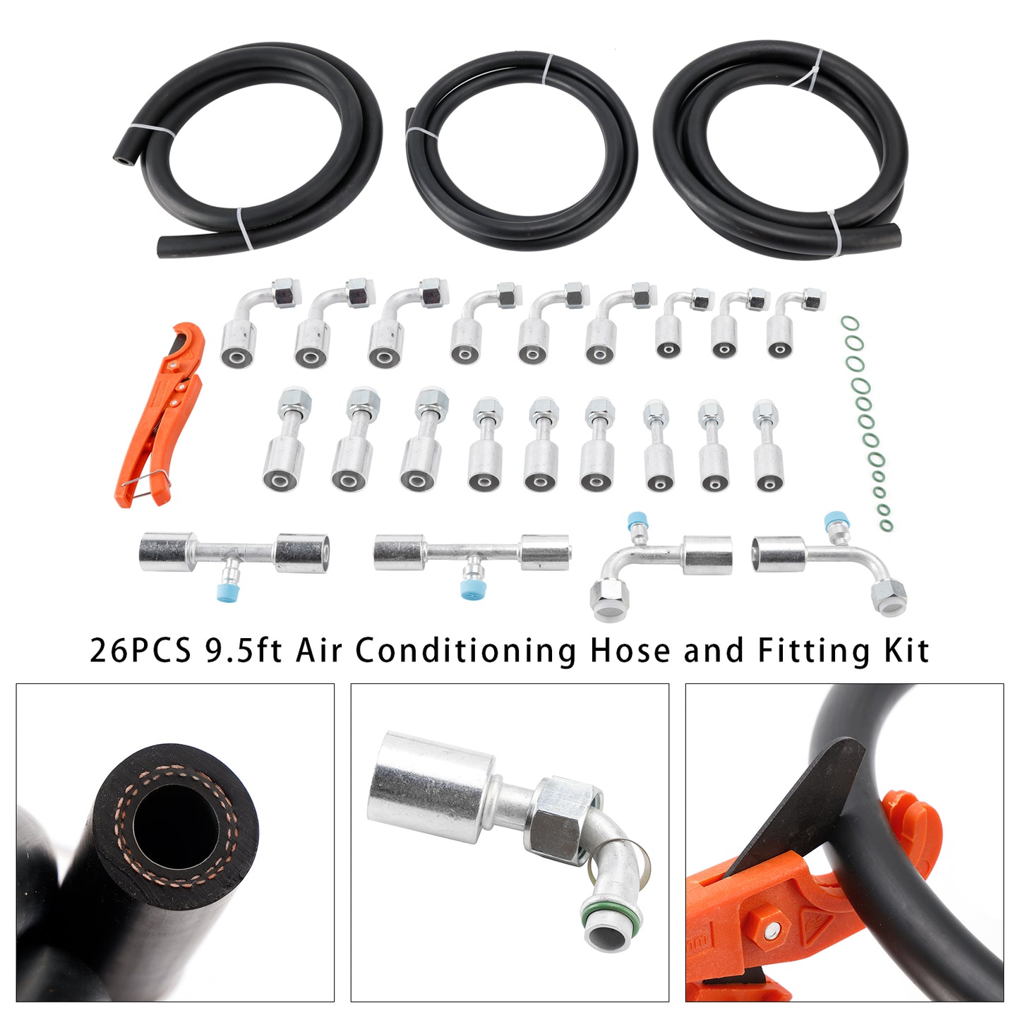 26PCS 9.5ft Air Conditioning Hose and Fitting Kit Includes 9.5ft #6#8#10 AC Hoses and #6#8#10 AC Fittings and pipe cutter