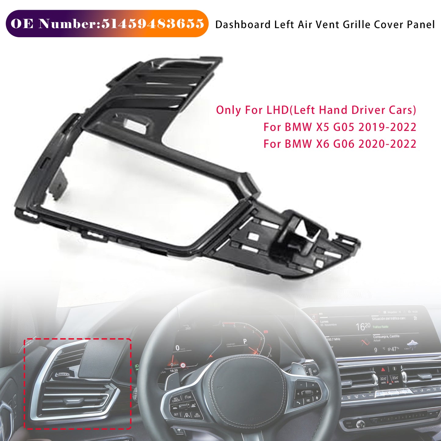 2019-2022 BMW X5 X6 51459483655 Dashboard Left Air Vent Grille Cover Panel