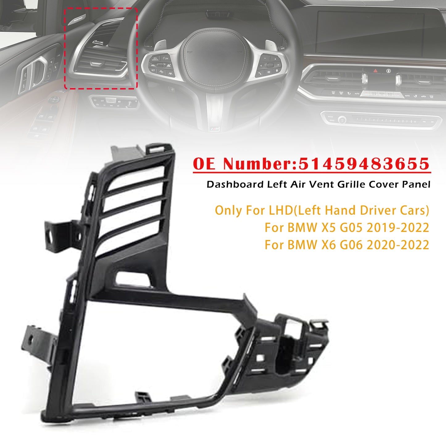 2019-2022 BMW X5 X6 51459483655 Dashboard Left Air Vent Grille Cover Panel