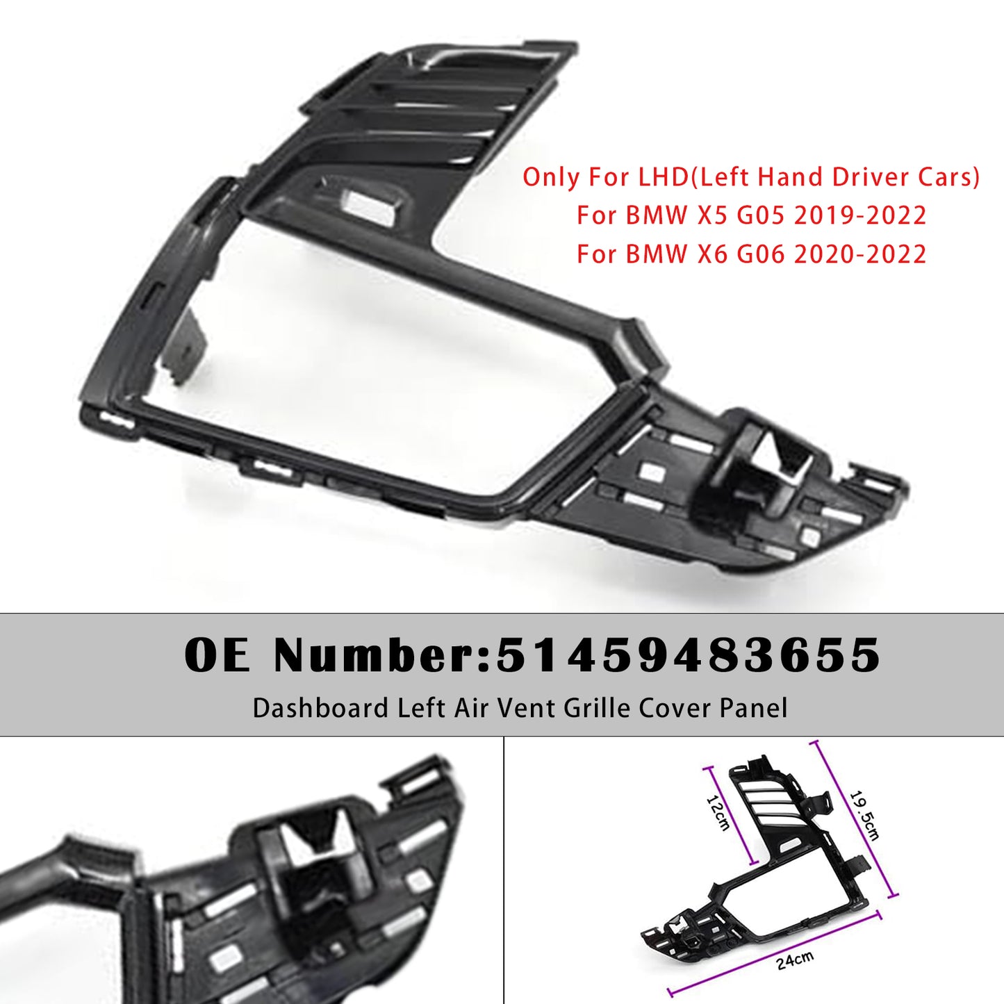 2019-2022 BMW X5 X6 51459483655 Dashboard Left Air Vent Grille Cover Panel