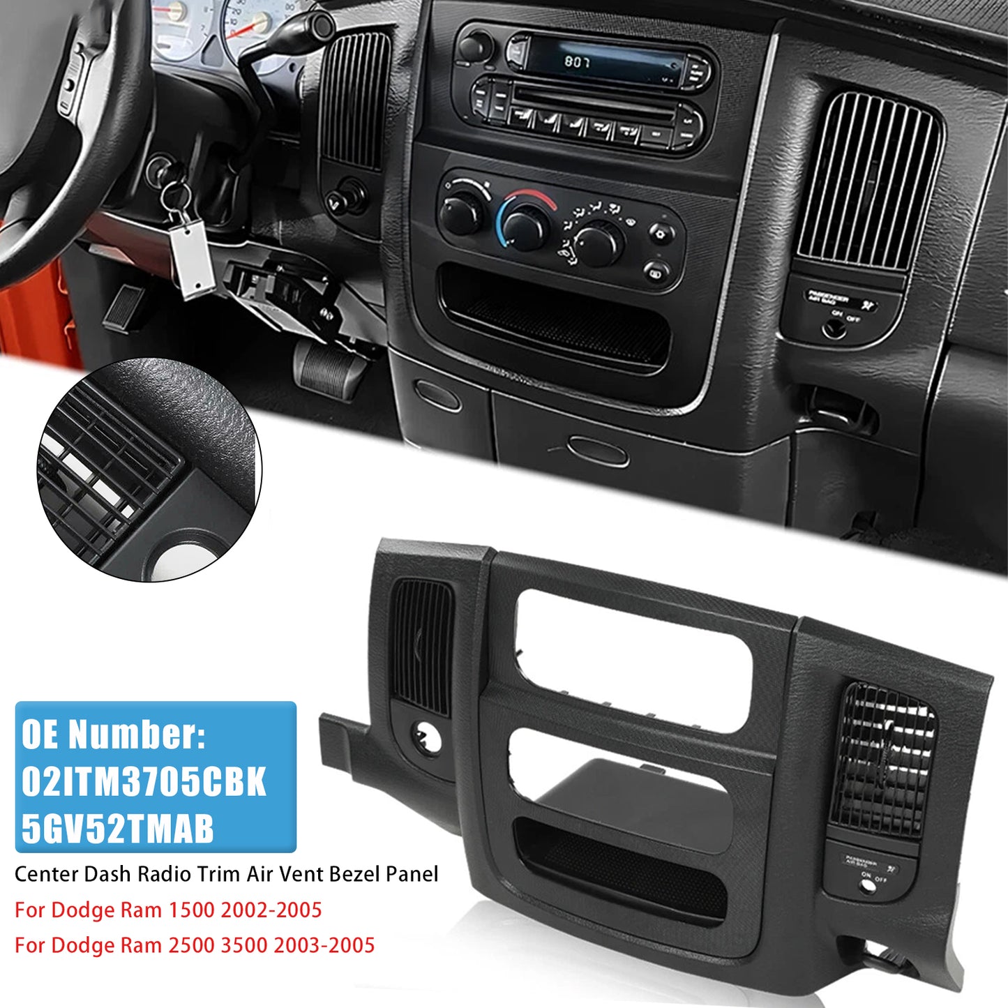 2003-2005 Dodge Ram 2500 3500 02ITM3705CBK Center Dash Radio Trim Air Vent Bezel Panel Black Fit
