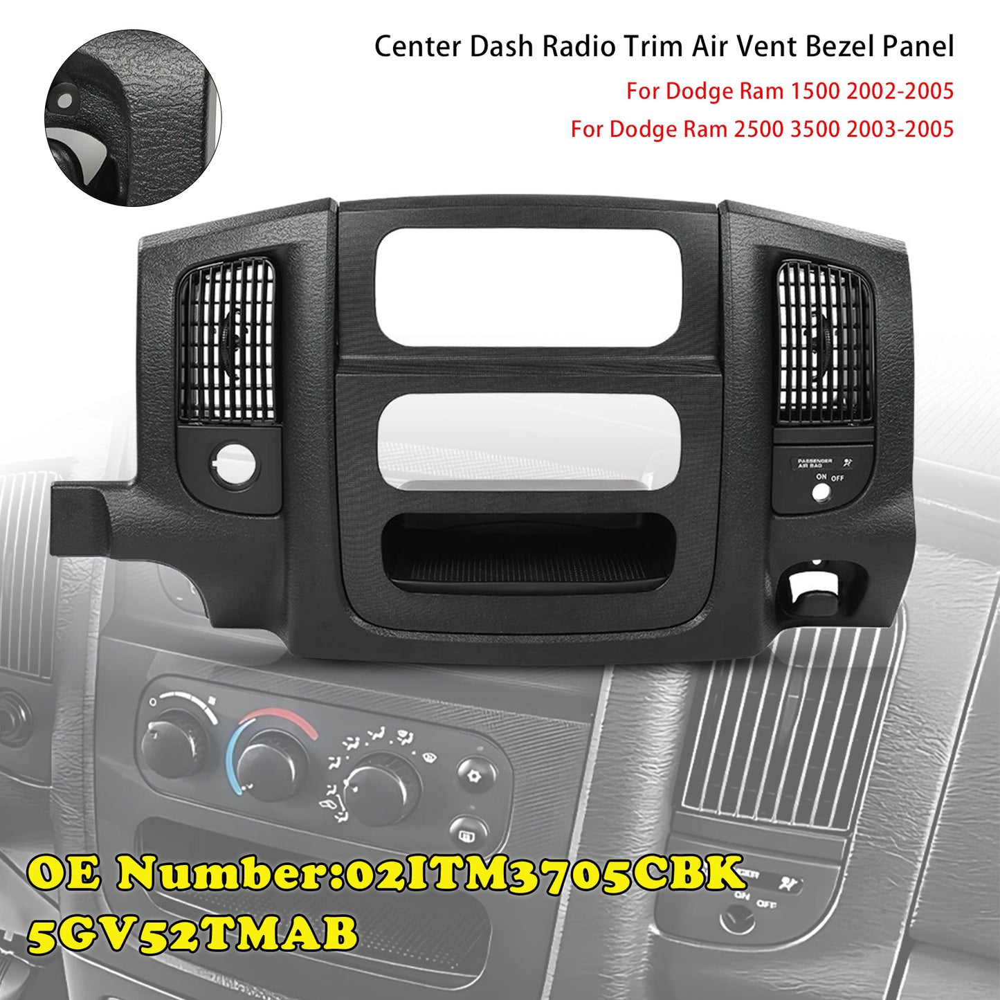 2003-2005 Dodge Ram 2500 3500 02ITM3705CBK Center Dash Radio Trim Air Vent Bezel Panel Black Fit
