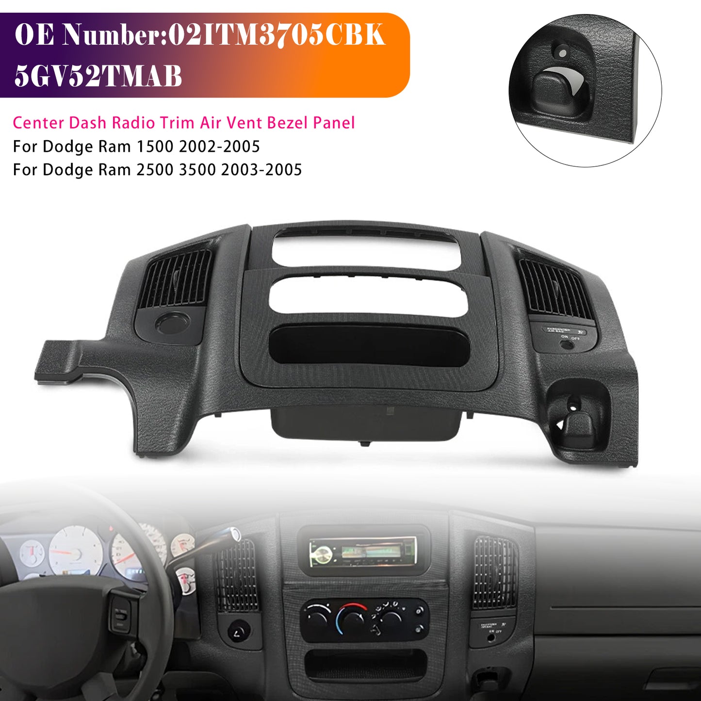 2003-2005 Dodge Ram 2500 3500 02ITM3705CBK Center Dash Radio Trim Air Vent Bezel Panel Black Fit