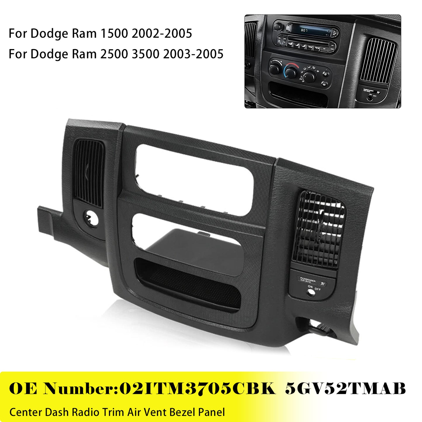 2003-2005 Dodge Ram 2500 3500 02ITM3705CBK Center Dash Radio Trim Air Vent Bezel Panel Black Fit
