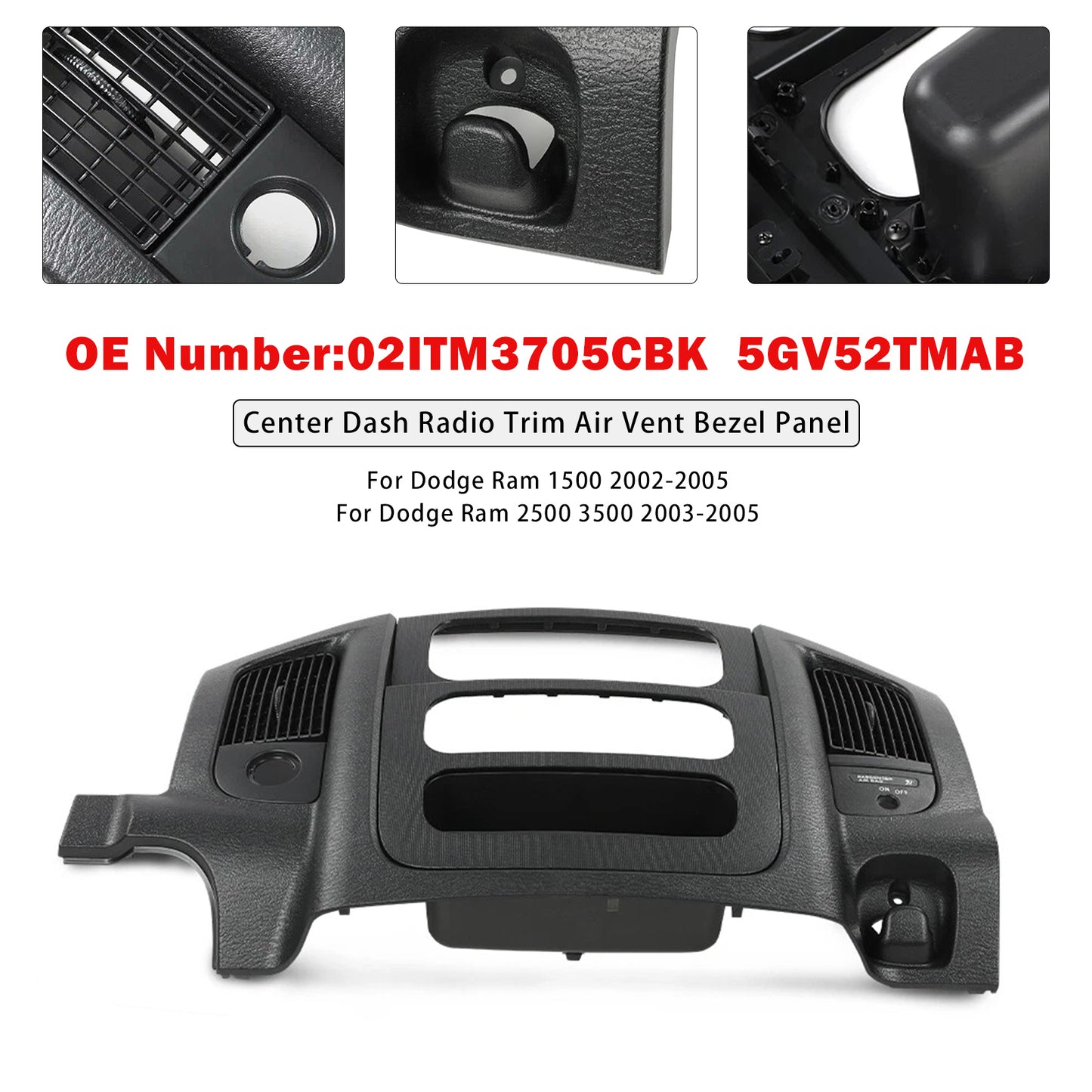 2003-2005 Dodge Ram 2500 3500 02ITM3705CBK Center Dash Radio Trim Air Vent Bezel Panel Black Fit
