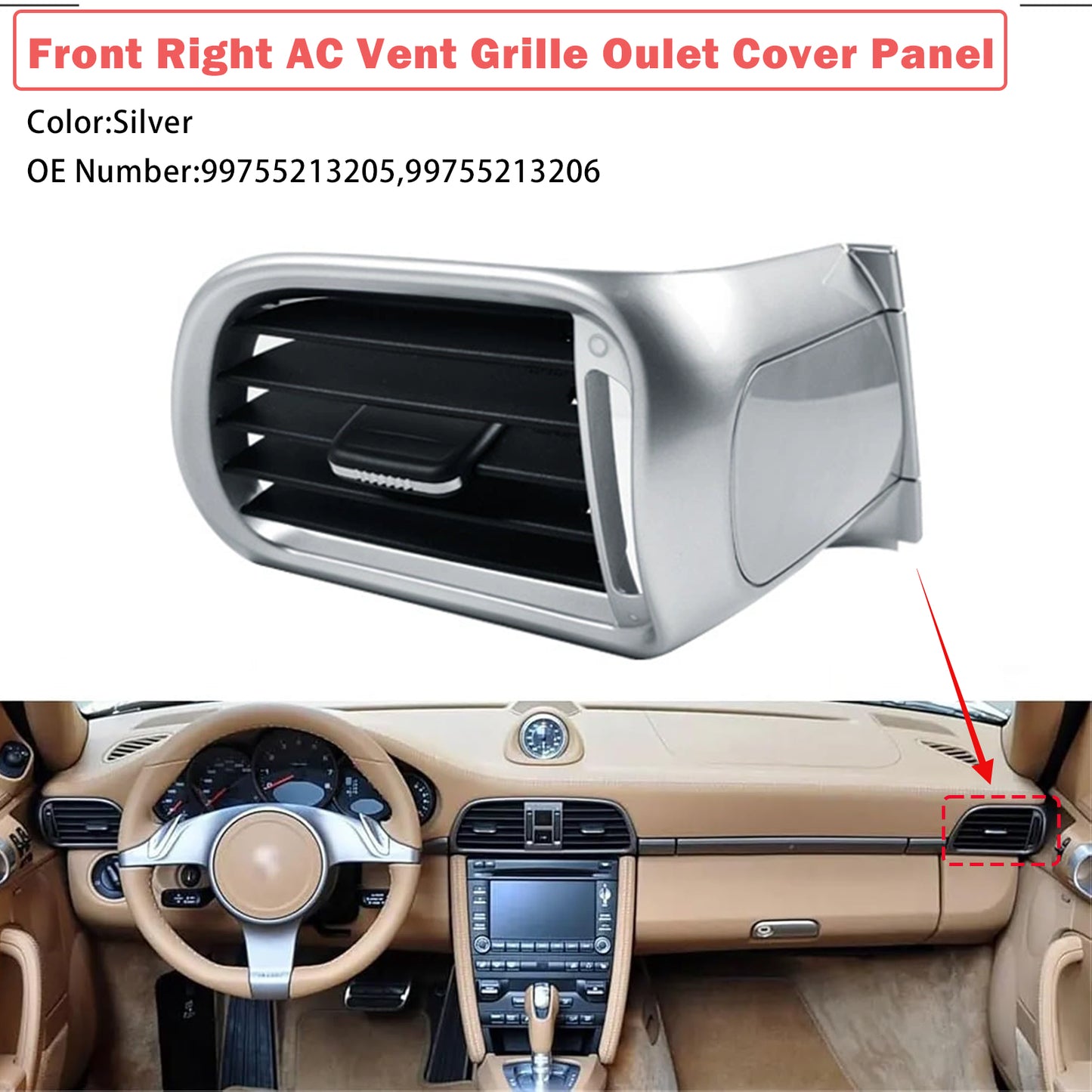 2004-2011 Porsche Targa 997 99755213205 Front Right AC Vent Cover Silver