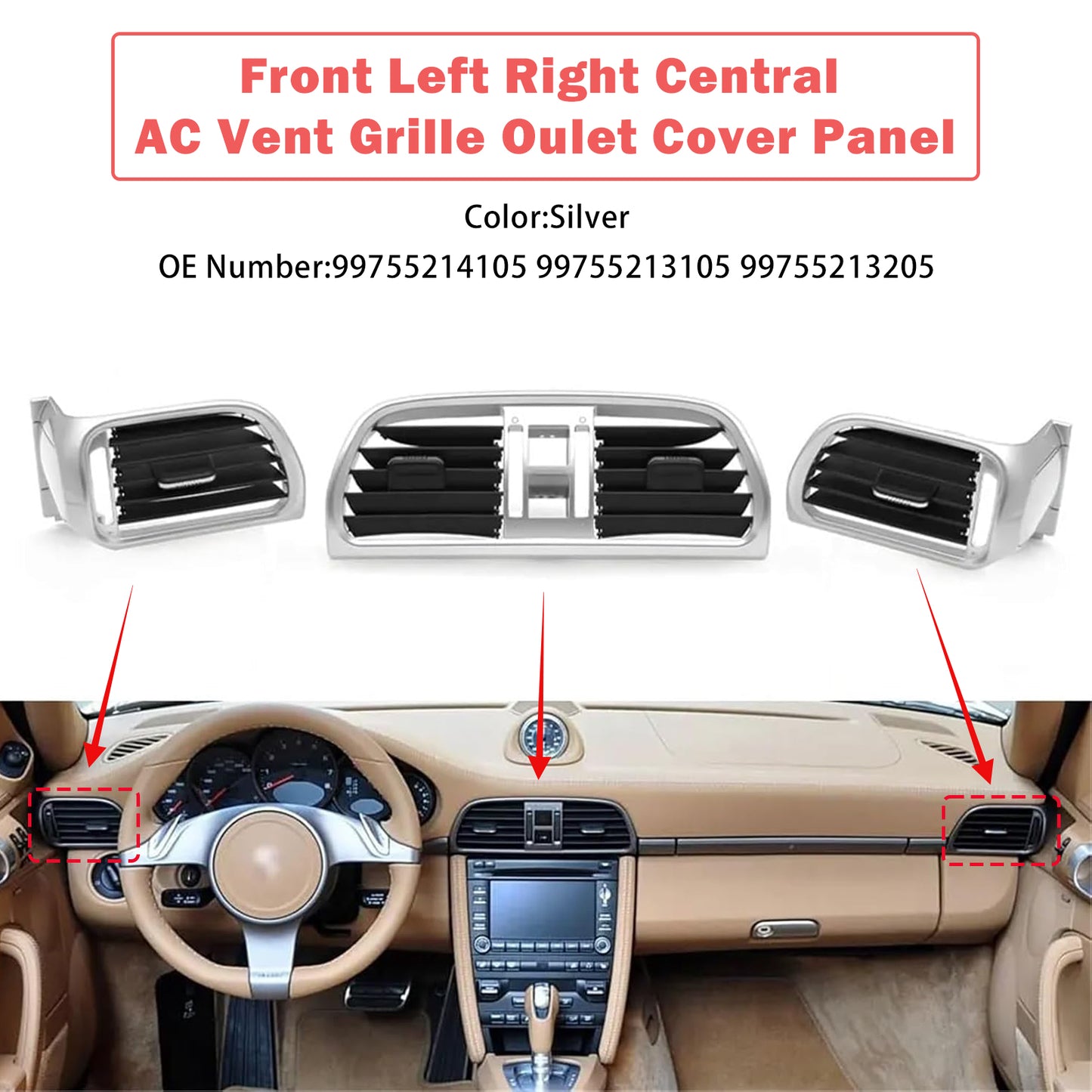 2004-2012 Porsche 911 Carrera Targa Left Right Central AC Vent Cover Silver