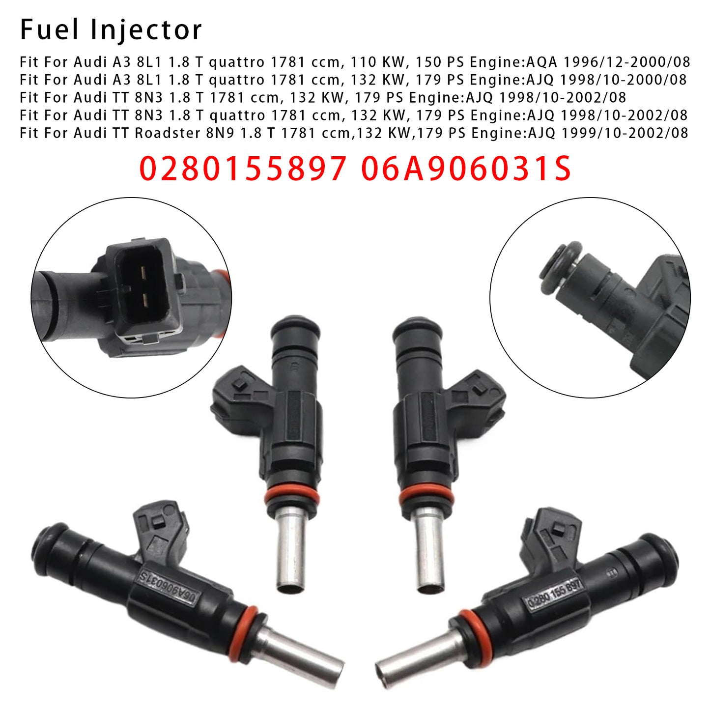 1996-2000 Audi A3 8L1 1.8 T quattro 1781 ccm 110 KW 150 PS Engine AQA 0280155897 4Pcs Fuel Injector