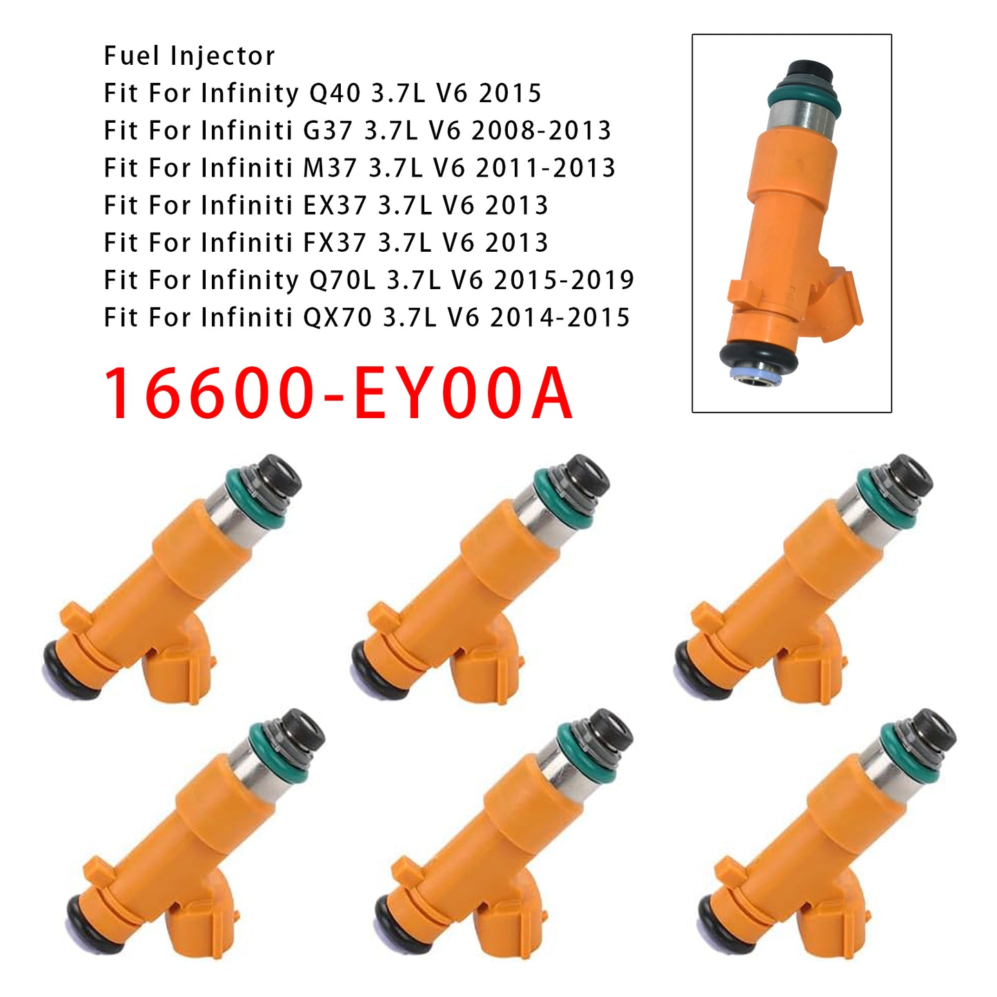 2013 Infiniti EX37 3.7L V6 16600-EY00A 6Pcs Fuel Injector