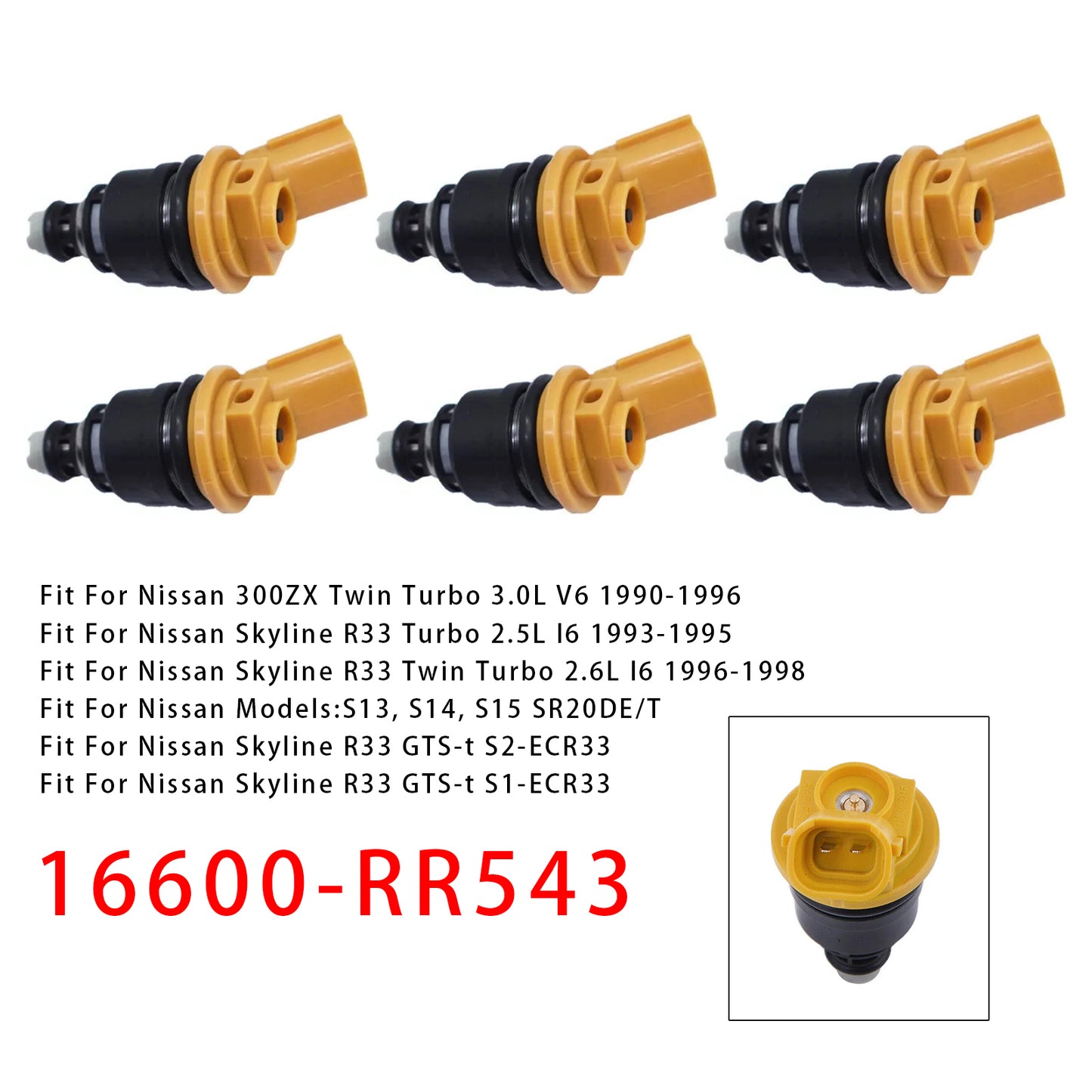 1996-1998 Nissan Skyline R33 Twin Turbo 2.6L I6 16600-RR543 6Pcs Fuel Injector