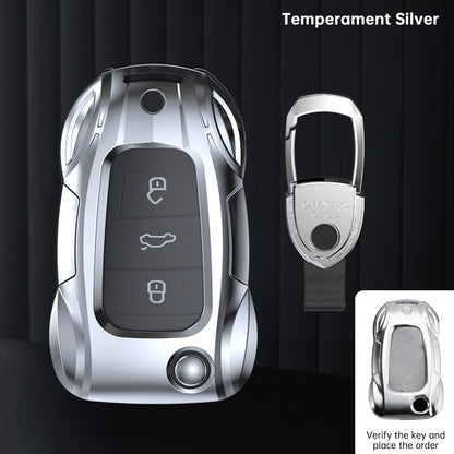 Leather Alloy Zinc Car Key Silvery Case Cover For VW Polo Skoda