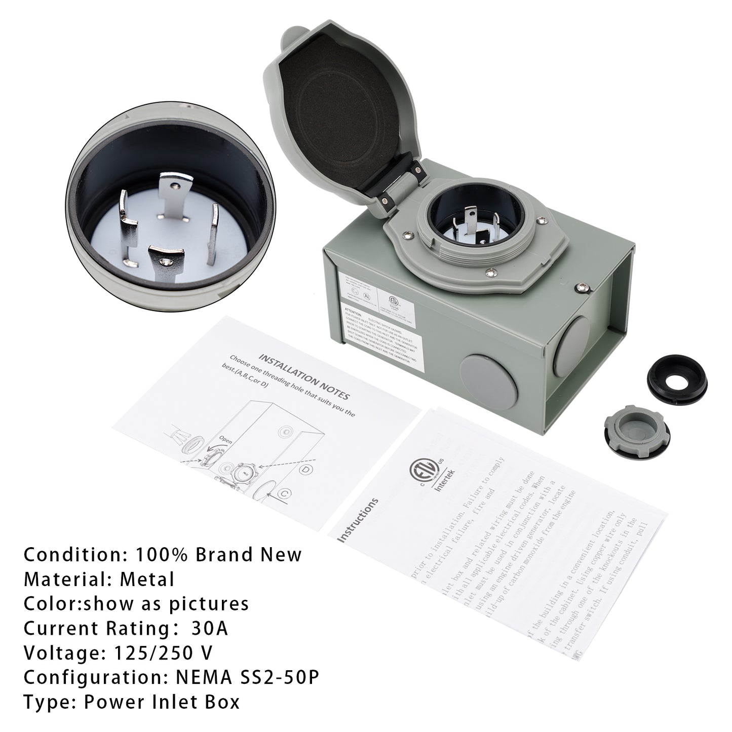 30Amp RV Generator Inlet Box NEMA SS2-50P Power Inlet Box 125/250V