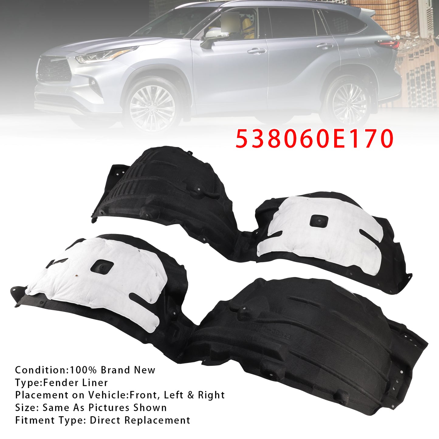 2020-2024 Toyota Highlander 538050E170 Pair Front Inner Side Fender Liners