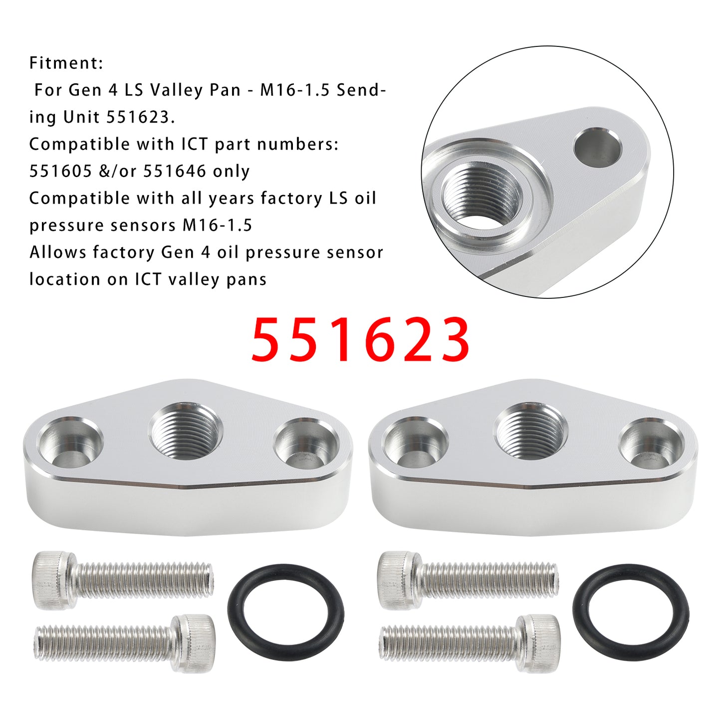 Chevy LS 551623 2 Pack Oil Pressure Sensor Adapter Plate M16 x 1.5