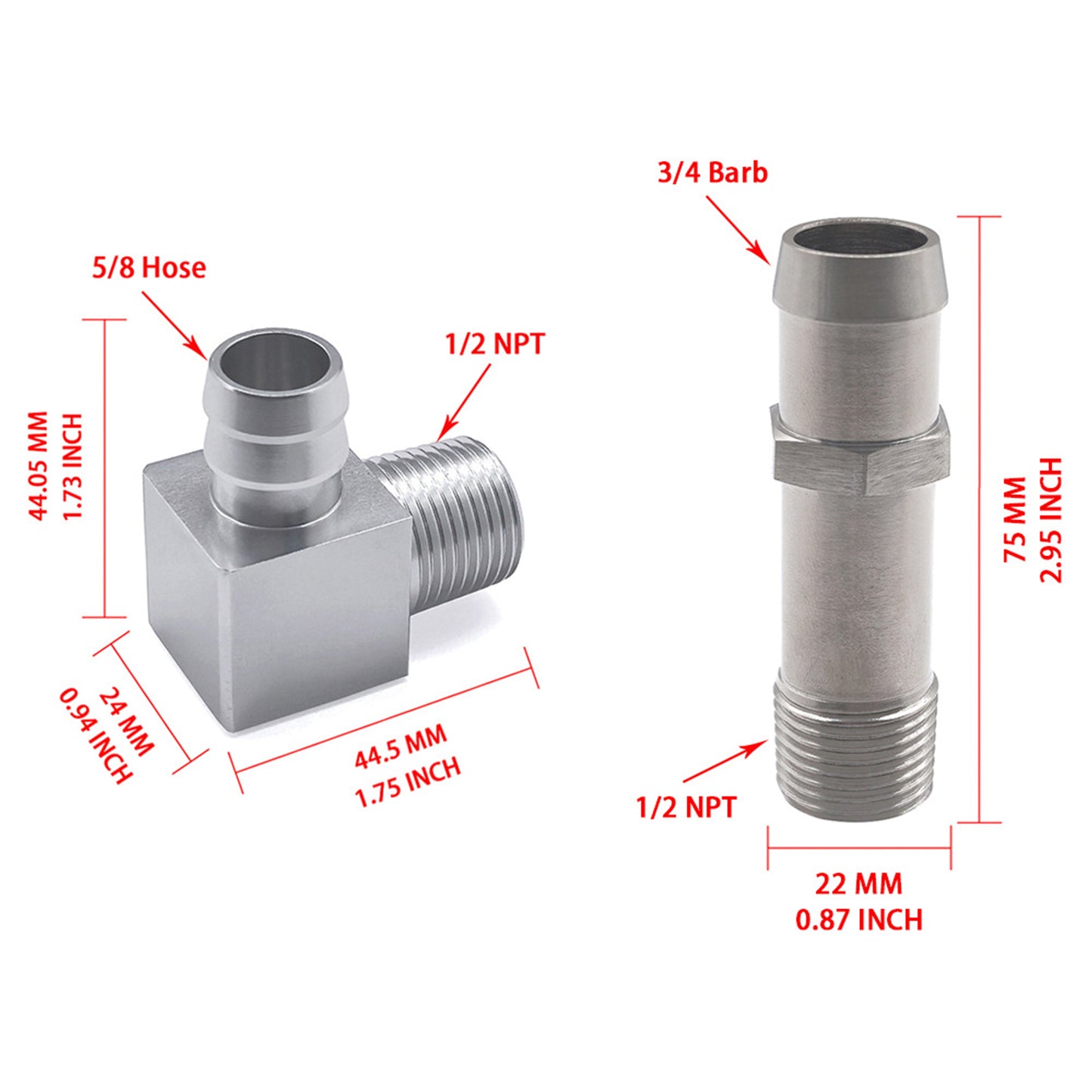2PCS Heater Hose Fitting 3/4" Water Pump 5/8" Intake For Chevy SBC V8 Engines