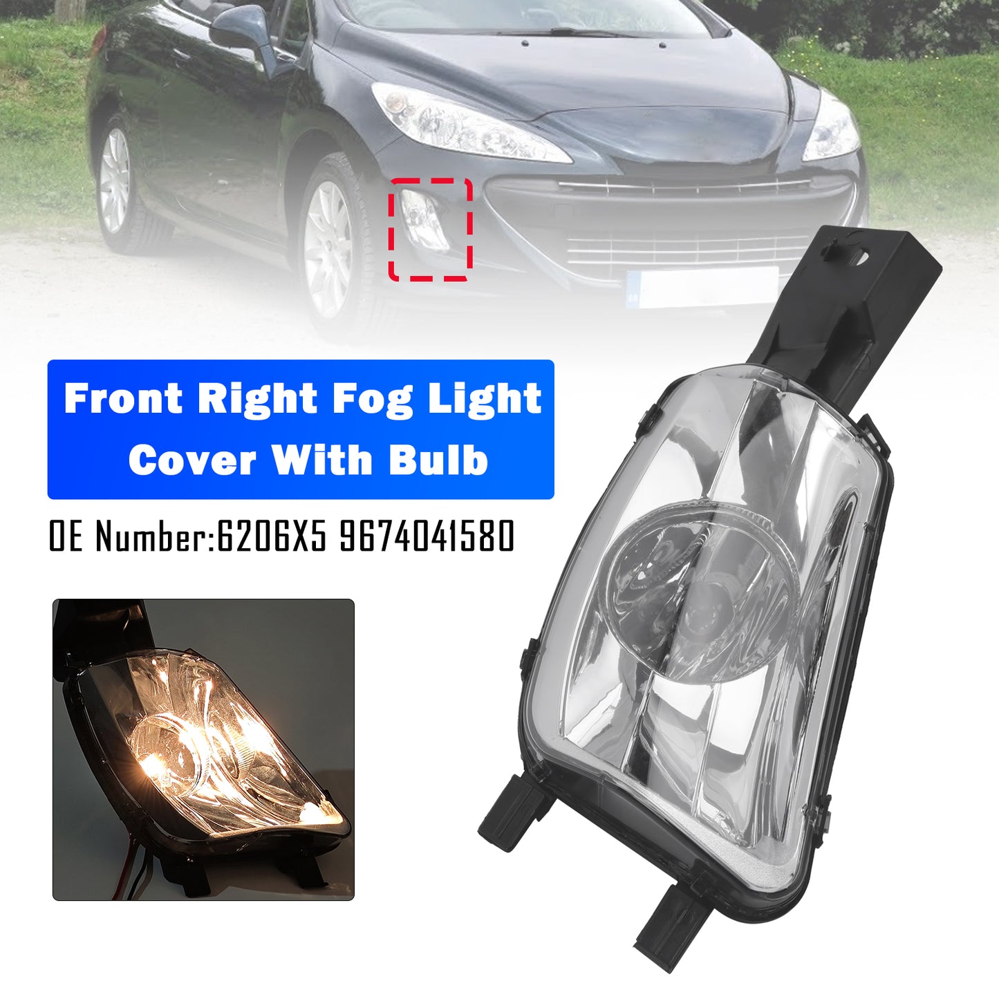 2008-2011 PEUGEOT 308 SW I Estate Van 4E 6206X5 9674041580 Front Right Fog Light Cover With Bulb