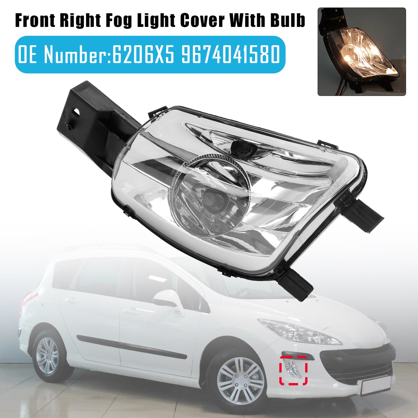 2008-2011 PEUGEOT 308 SW I Estate Van 4E 6206X5 9674041580 Front Right Fog Light Cover With Bulb