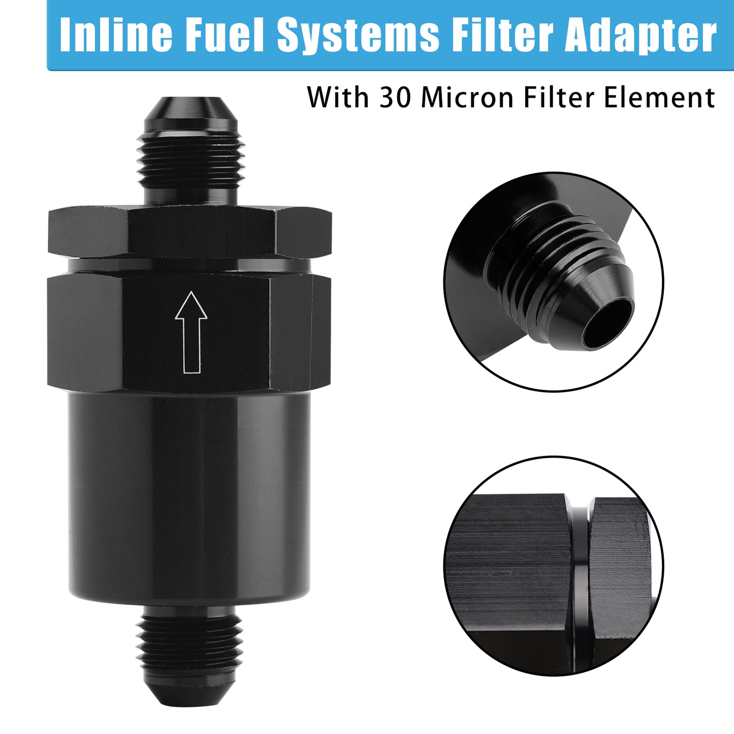 AN6 Black Inline Fuel Systems Filter Adapter With 30 Micron Filter Element