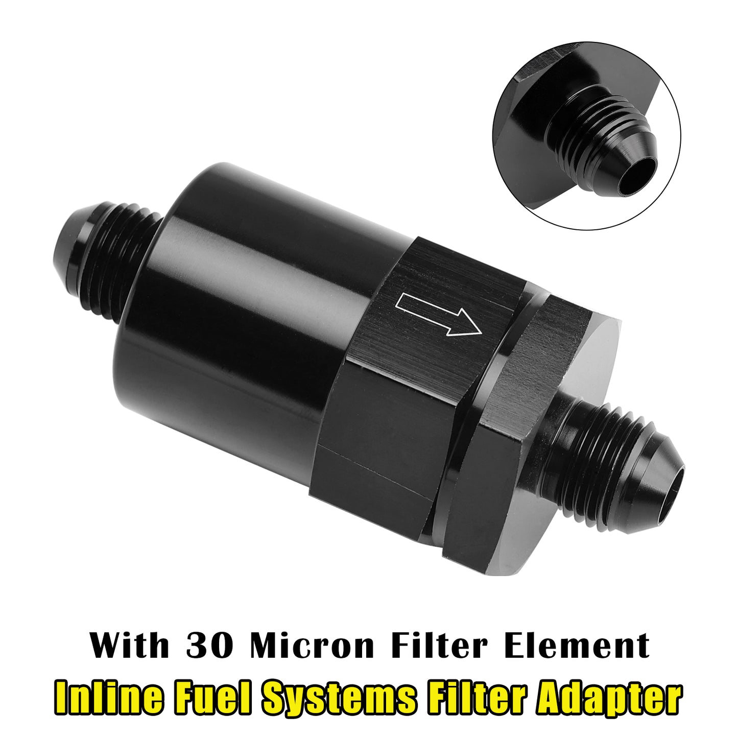 AN6 Black Inline Fuel Systems Filter Adapter With 30 Micron Filter Element