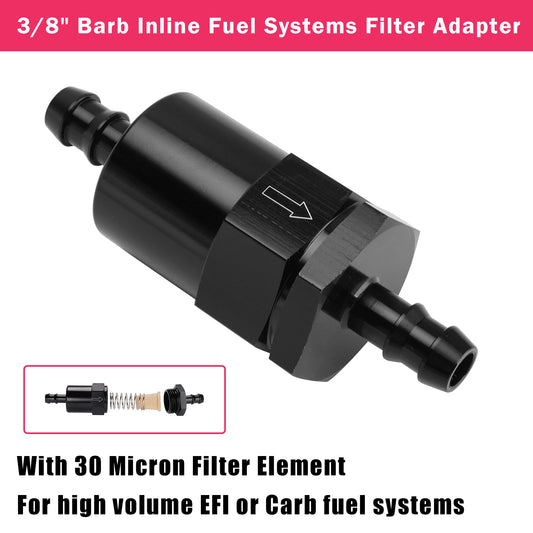 Black Inline EFI Fuel Systems Filter Adapter 3/8" Barb With 30 Micron Filter Element
