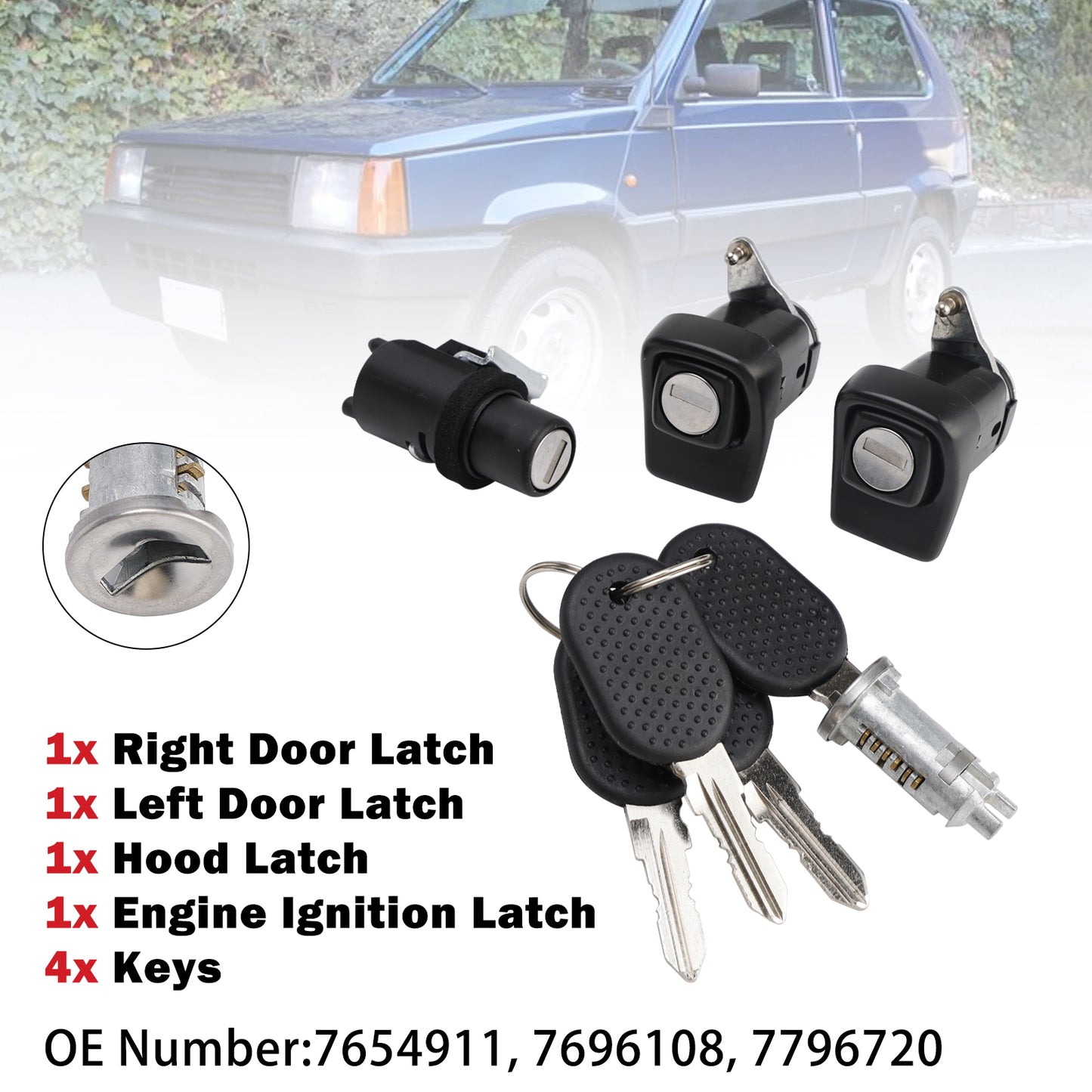 1998-2003 Fiat Panda 141 7654911 Right and Left Door Lock Kit + Bonnet + Cylinder + 4 Keys