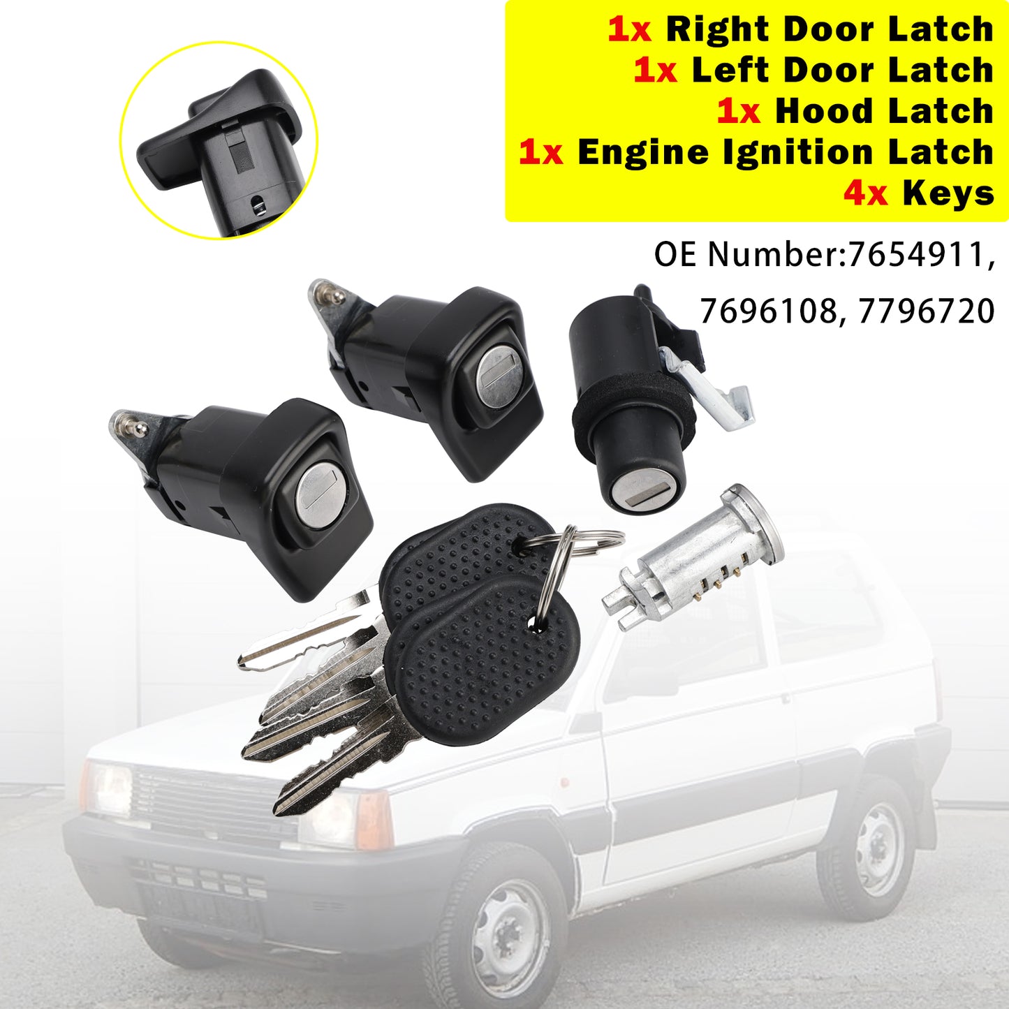1998-2003 Fiat Panda 141 7654911 Right and Left Door Lock Kit + Bonnet + Cylinder + 4 Keys