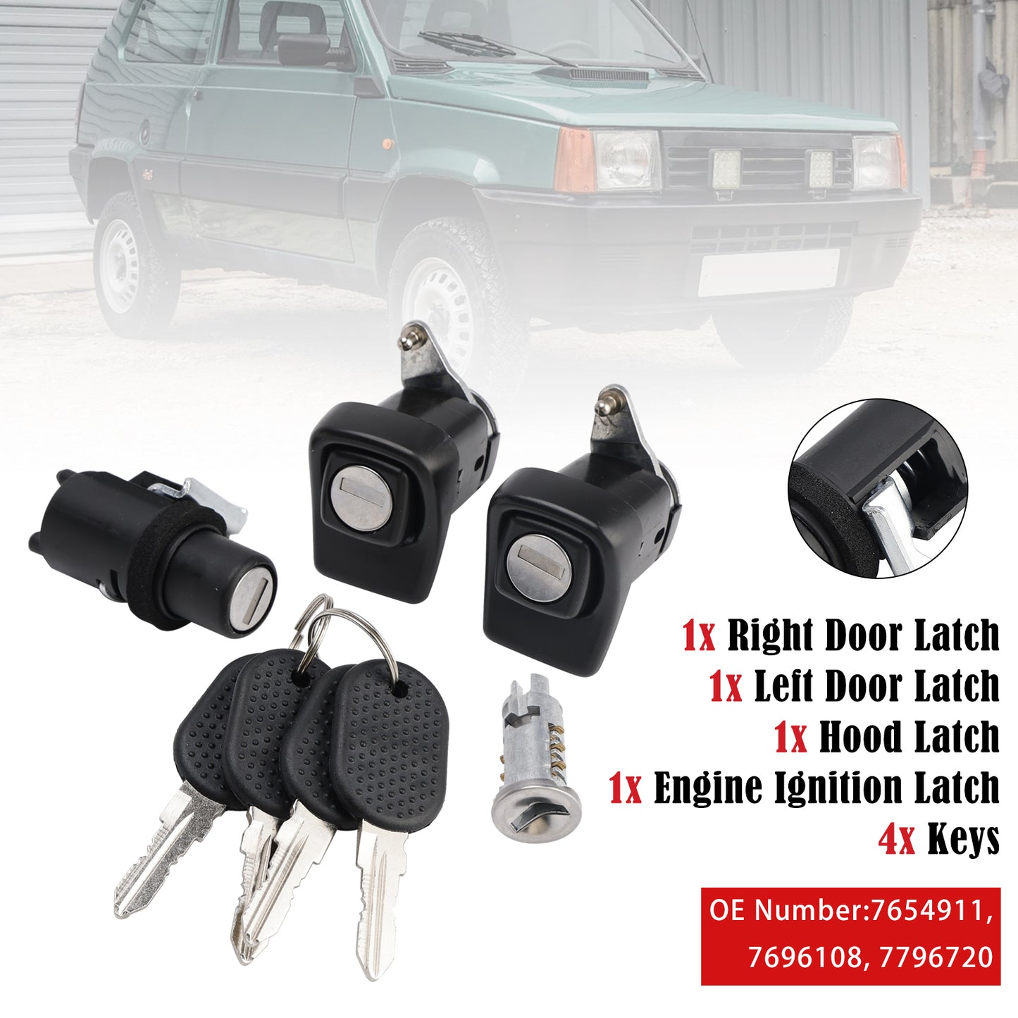 1998-2003 Fiat Panda 141 7654911 Right and Left Door Lock Kit + Bonnet + Cylinder + 4 Keys