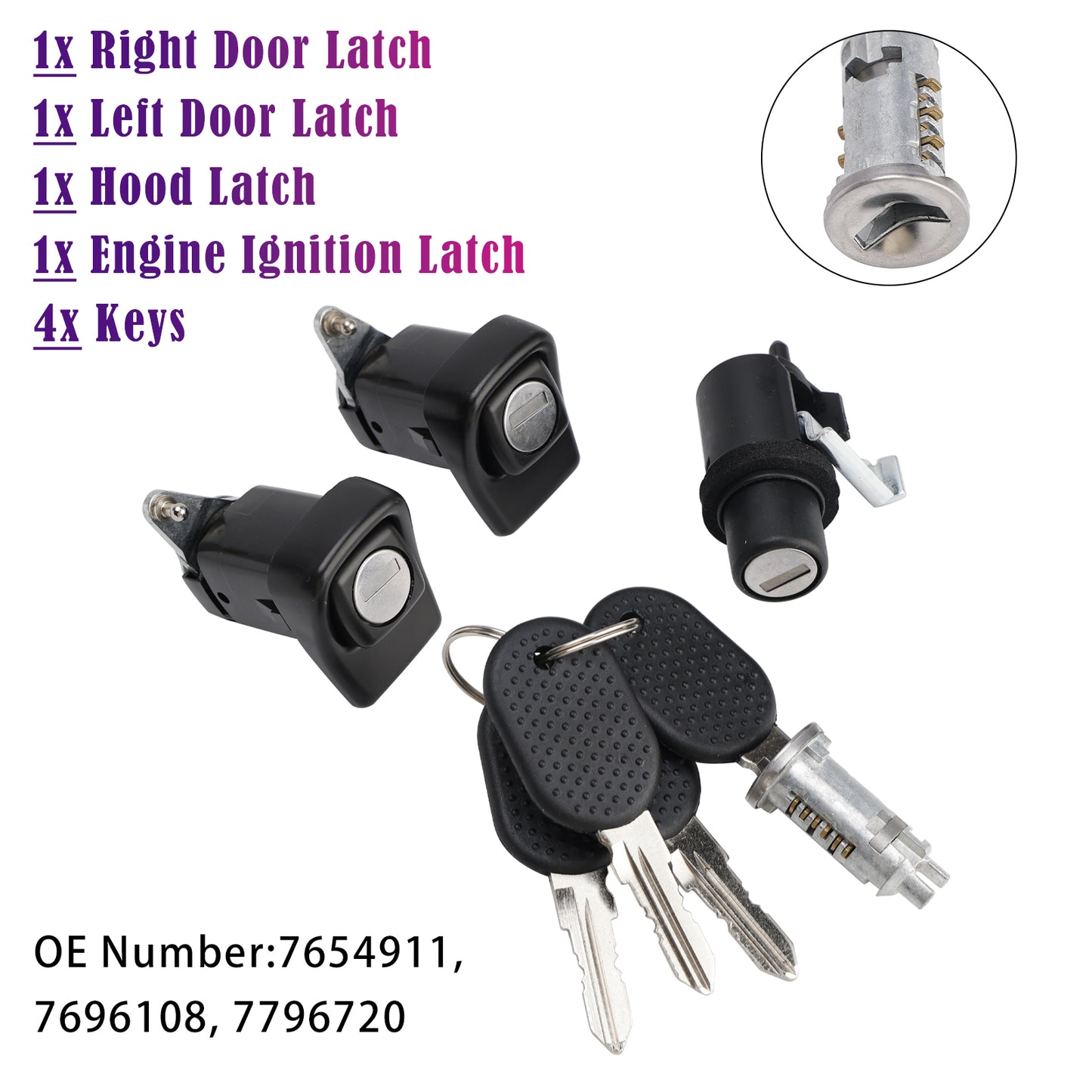 1998-2003 Fiat Panda 141 7654911 Right and Left Door Lock Kit + Bonnet + Cylinder + 4 Keys