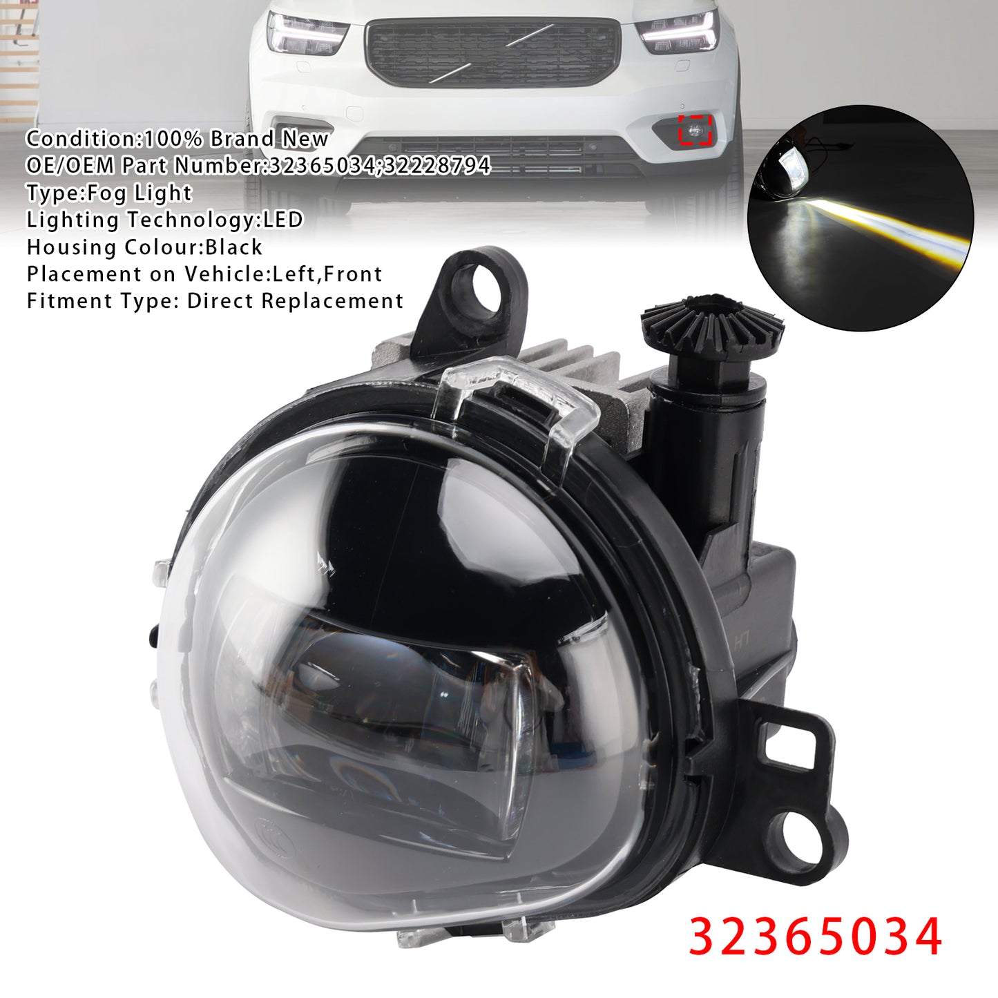 Left Front Fog Light Lamp For Volvo C40 S90 V90 XC40 2017-2024 32365034
