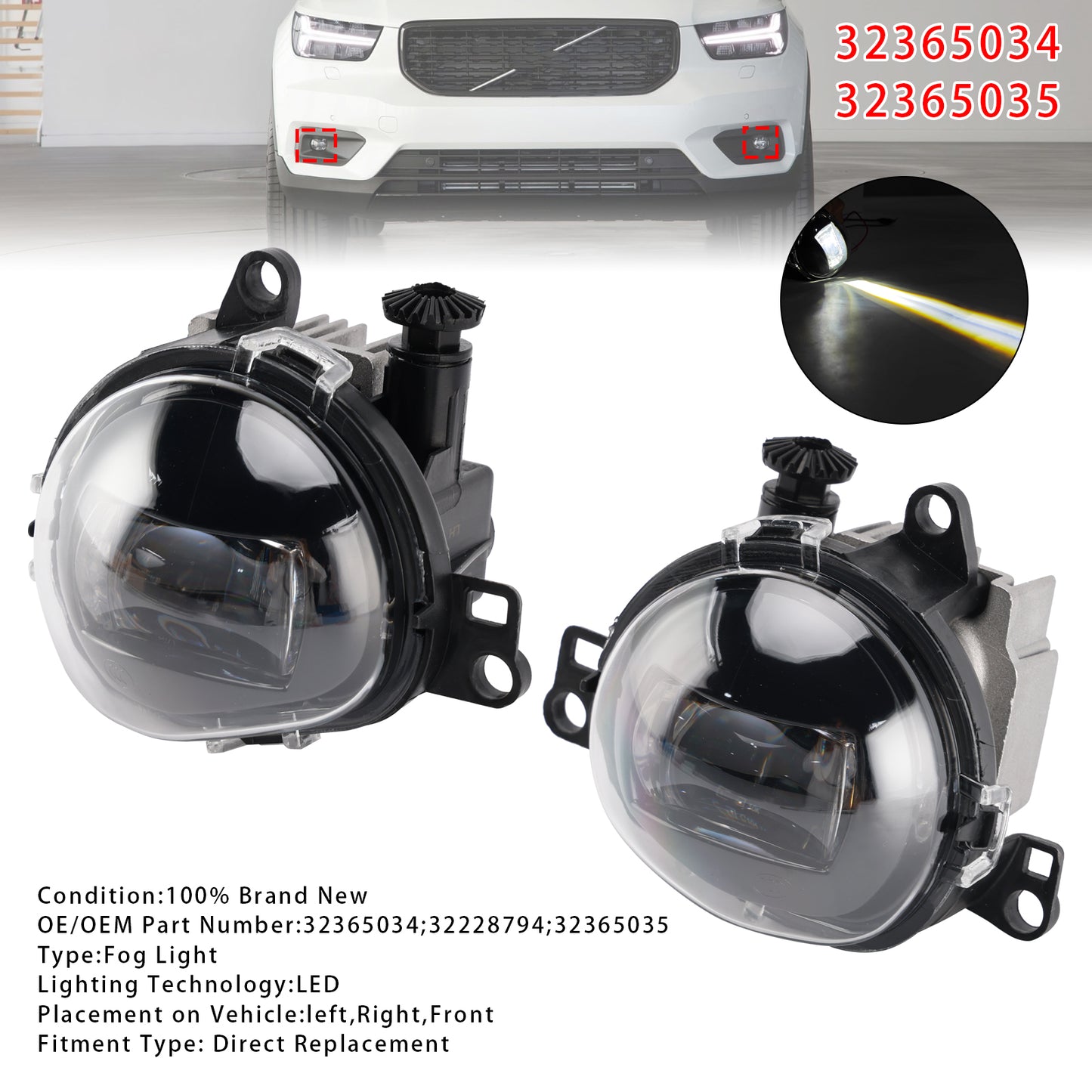 Pair Front Fog Light Lamp For Volvo C40 S90 V90 XC40 2017-2024 32365034