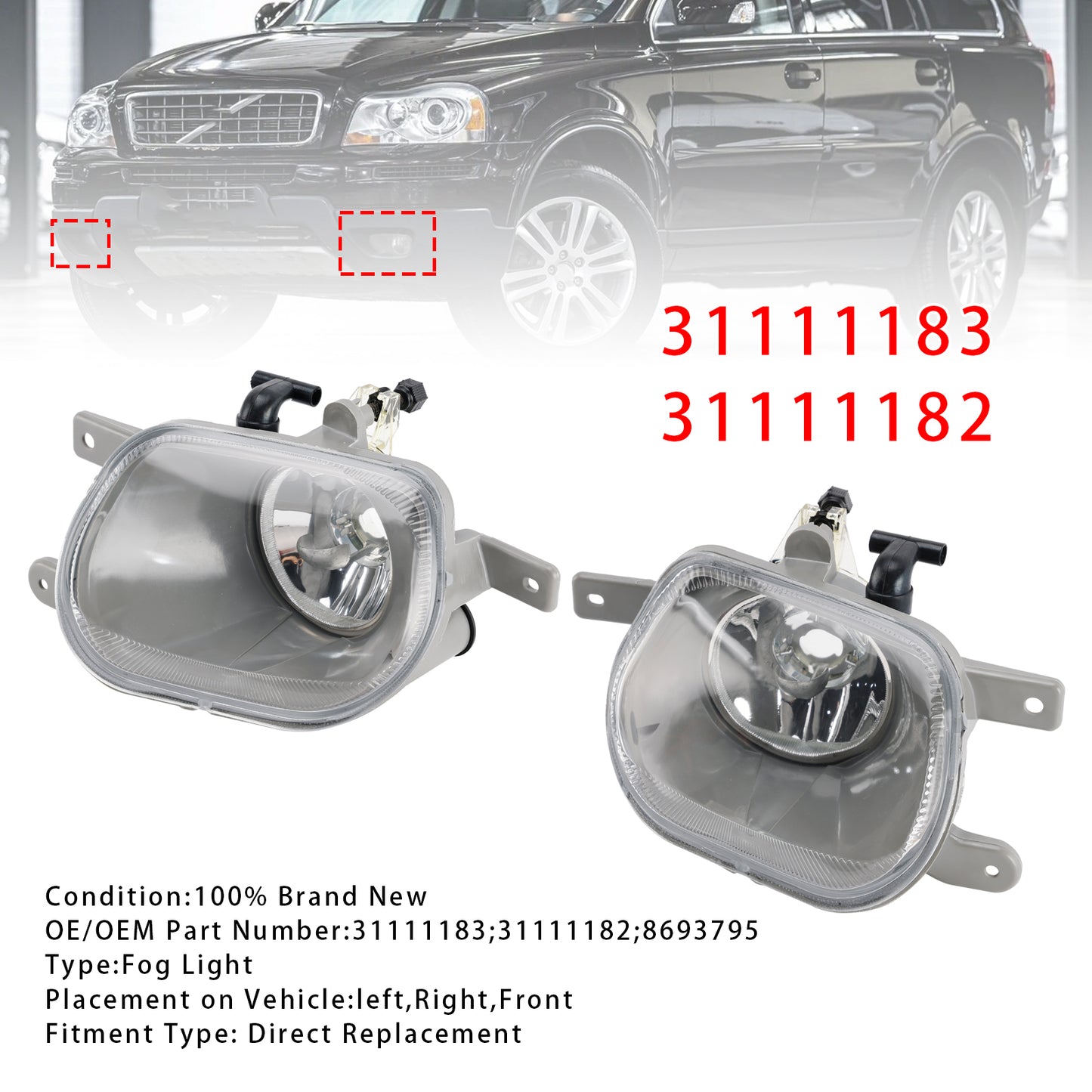 Pair Front Fog Light Lamp For Volvo XC90 I 2.5L 3.2L 4.4L 03-14 31111183