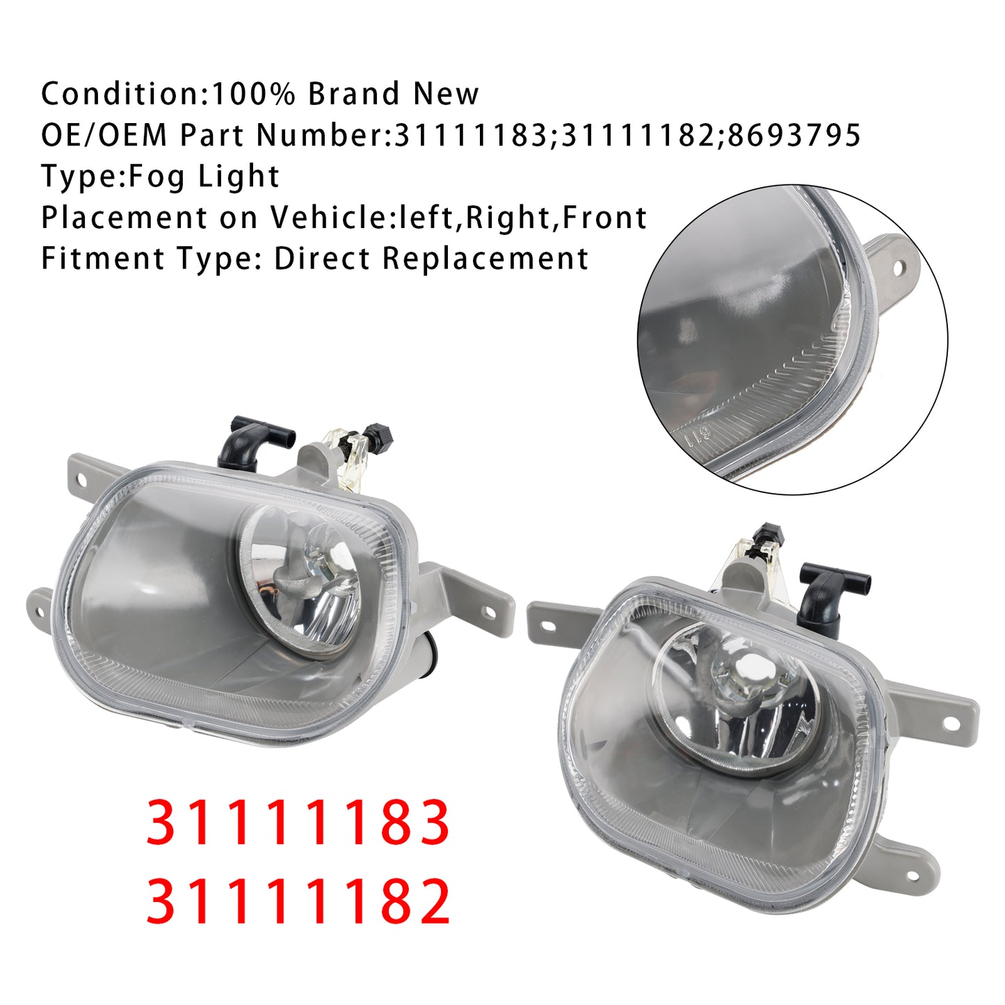 Pair Front Fog Light Lamp For Volvo XC90 I 2.5L 3.2L 4.4L 03-14 31111183