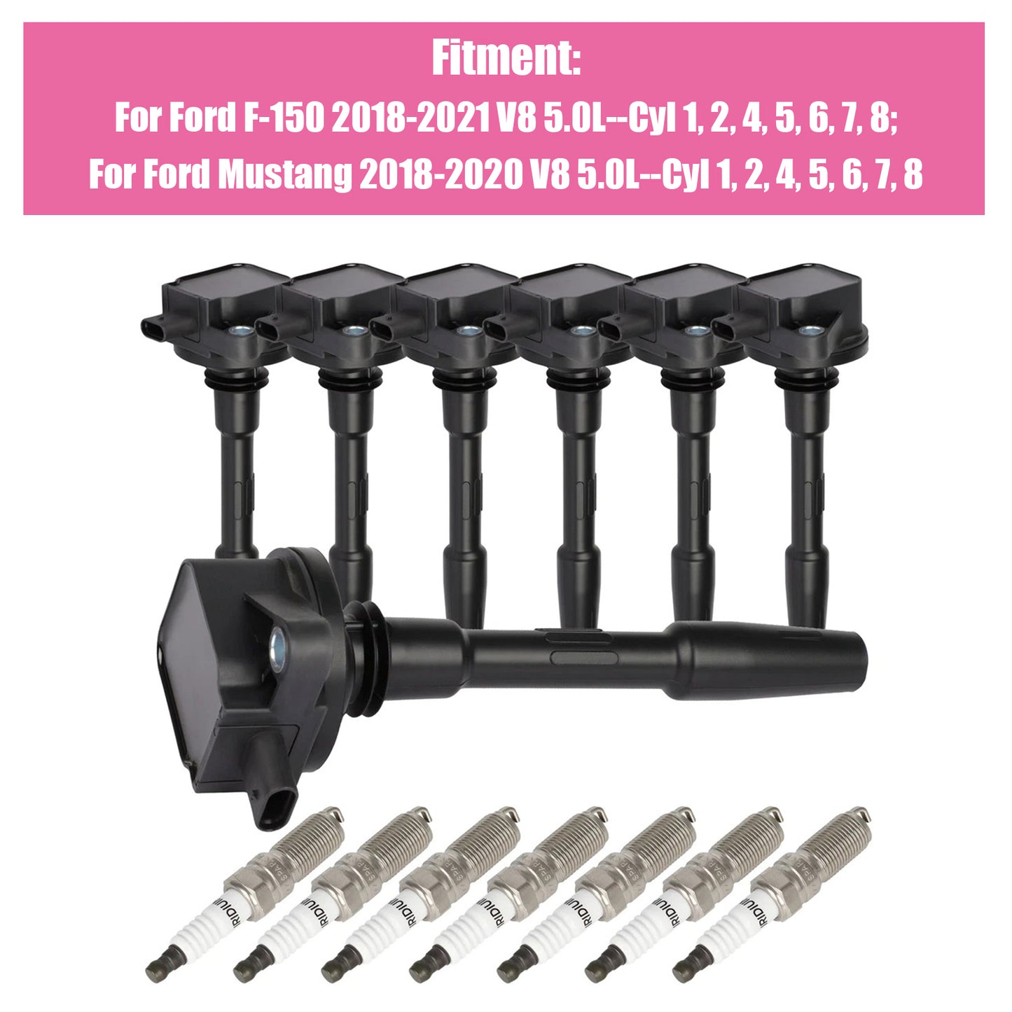2018-2020 Ford Mustang V8 5.0L Cyl 1 2 4 5 6 7 8 UF835 7xIgnition Coils Spark Plugs