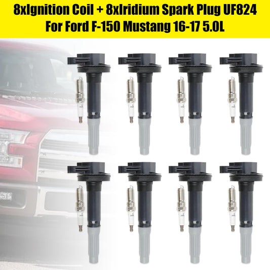 16-17 Ford F-150 Mustang 5.0L UF824 8xIgnition Coil + 8xIridium Spark Plug