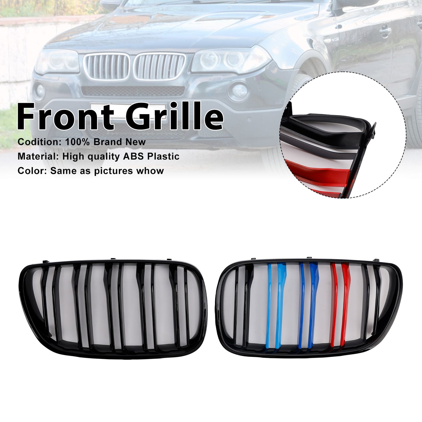 2007-2010 BMW X3 E83 LCI 2PCS Gloss Black Front Bumper Grille Grill Fit
