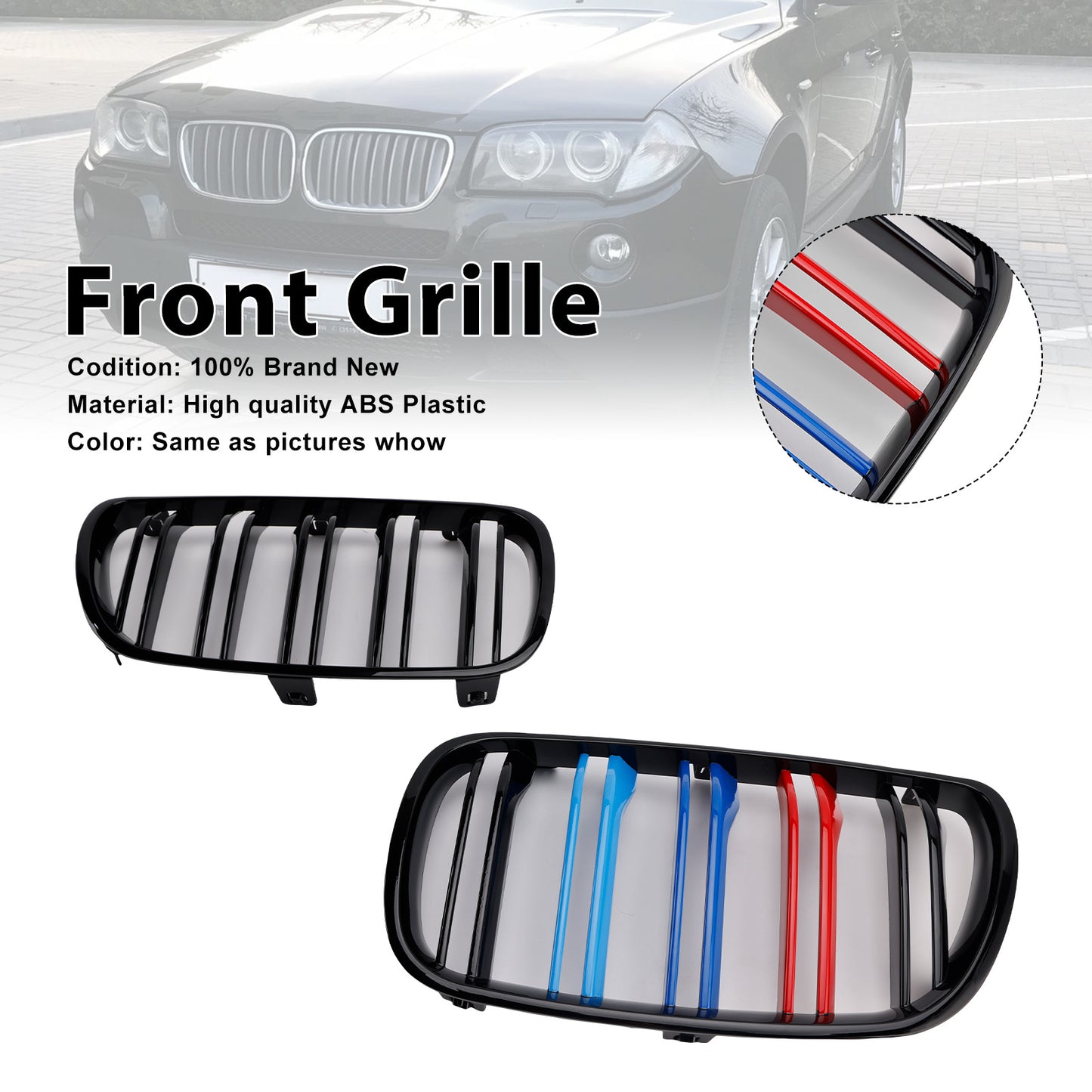 2007-2010 BMW X3 E83 LCI 2PCS Gloss Black Front Bumper Grille Grill Fit