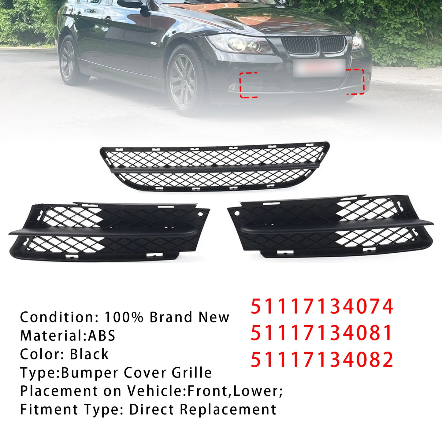 Front Bumper Lower Grille Set For BMW 3 Series E90 E91 2006-2008 51117134074