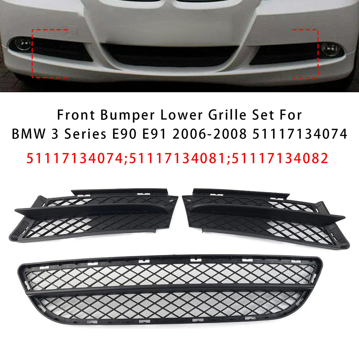Front Bumper Lower Grille Set For BMW 3 Series E90 E91 2006-2008 51117134074