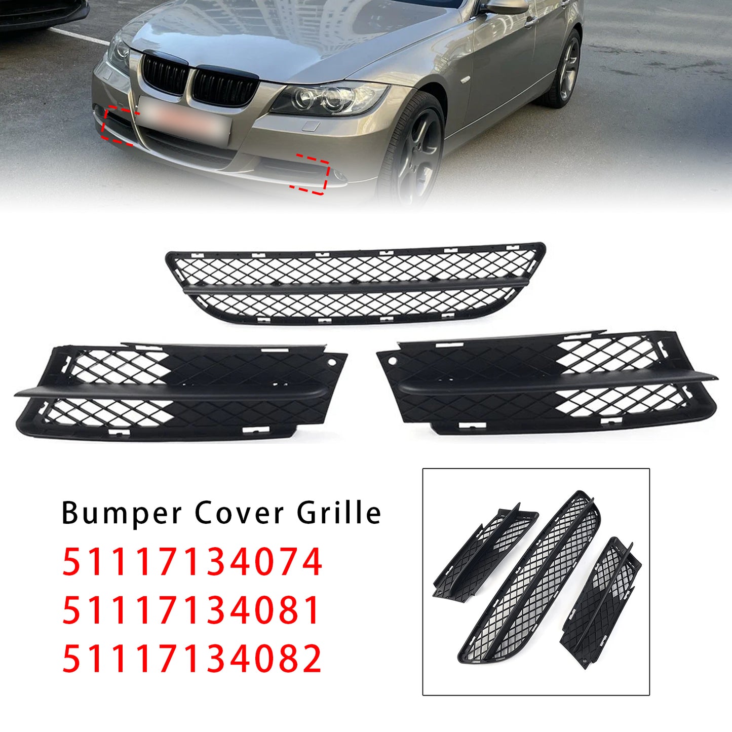 Front Bumper Lower Grille Set For BMW 3 Series E90 E91 2006-2008 51117134074