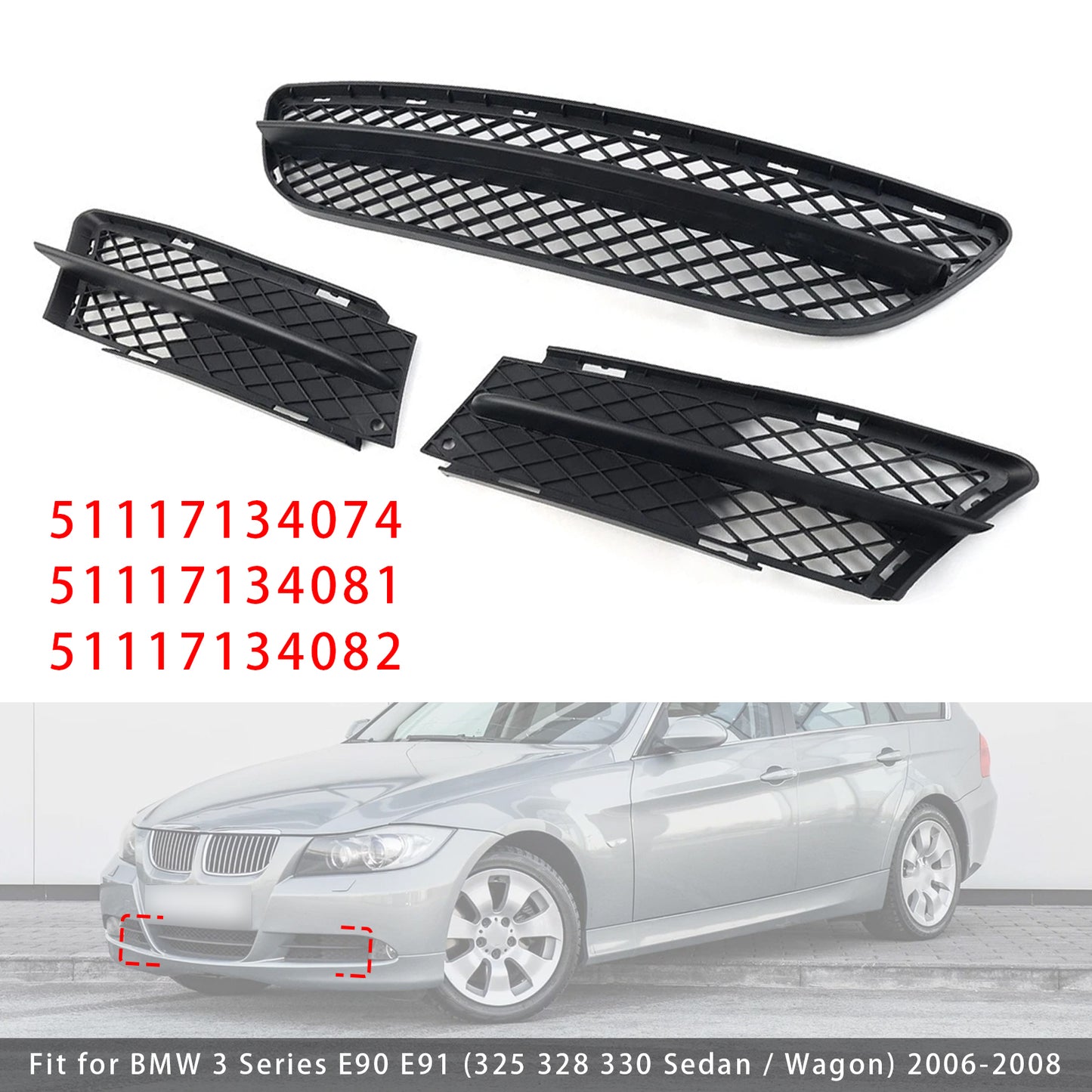 Front Bumper Lower Grille Set For BMW 3 Series E90 E91 2006-2008 51117134074